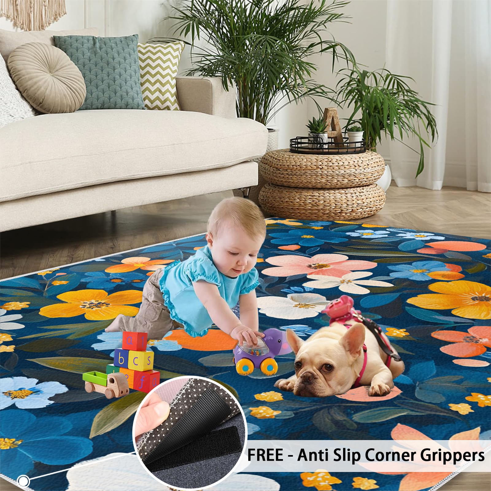 Tapis à motif floral pour décoration d'intérieur et cadeaux, 180 x 200 cm, tapis lavable pour chambre à coucher, tapis d'intérieur antidérapant et à poils bas, aquarelle rustique floral