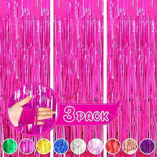 Cortinas color fucsia para decoración de fiesta, paquete de 3 serpentinas fucsias de 3.2 x 8.2 pies, telón de fondo para decoración de cumpleaños,