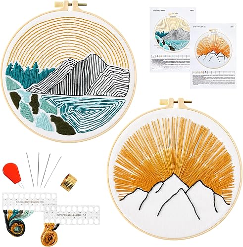 Kit de iniciación de bordado a mano para principiantes adultos, kit de punto de cruz estampado para adultos principiantes, 2 aros de bordado, 2