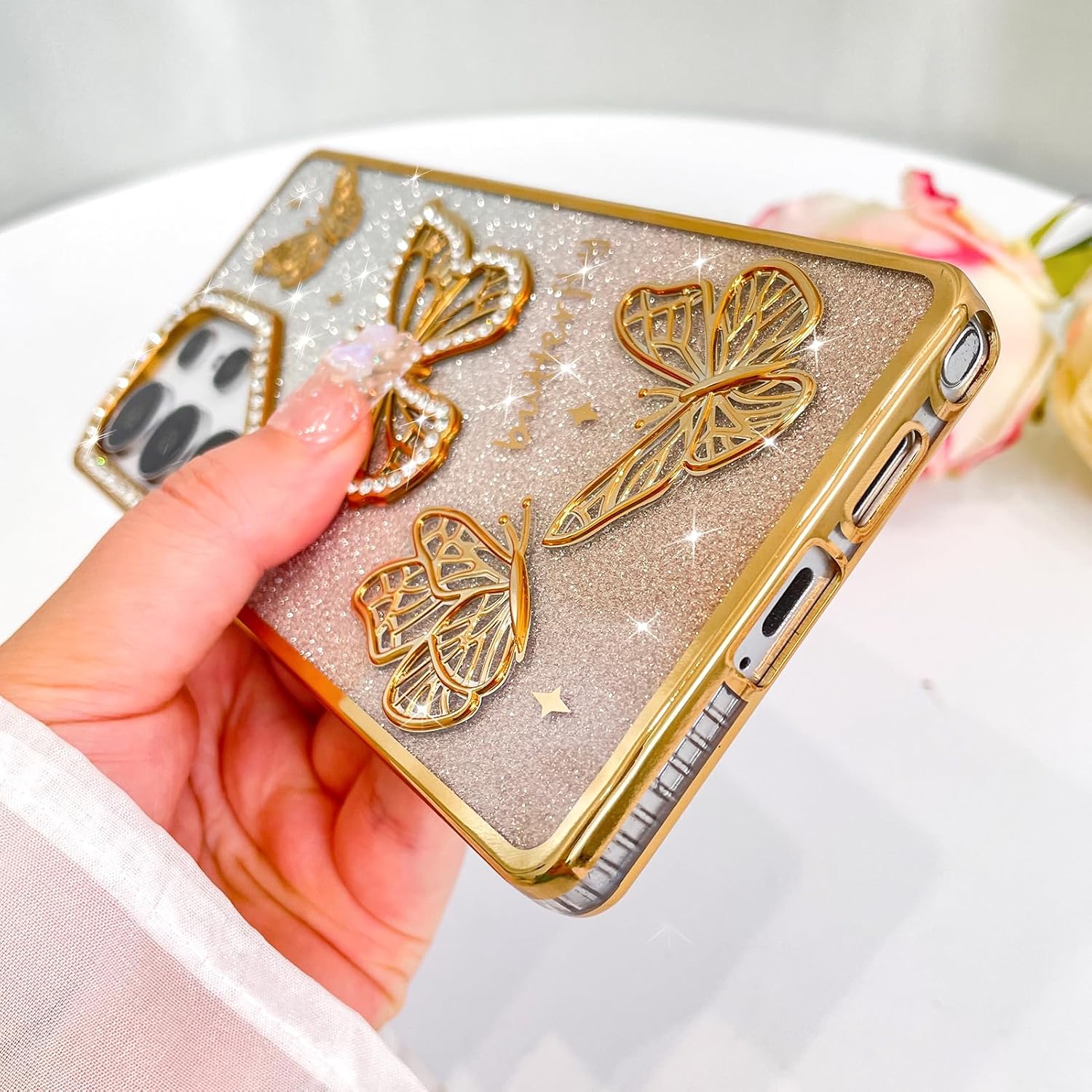 Bonoma Glitter Case for Samsung Galaxy S25 Ultra, Cute 3D Butterfly Pattern Plating Bling Case,Camera Protection Sparkly Slim Soft Back Cover for Women Girls,Gold - Image 5
