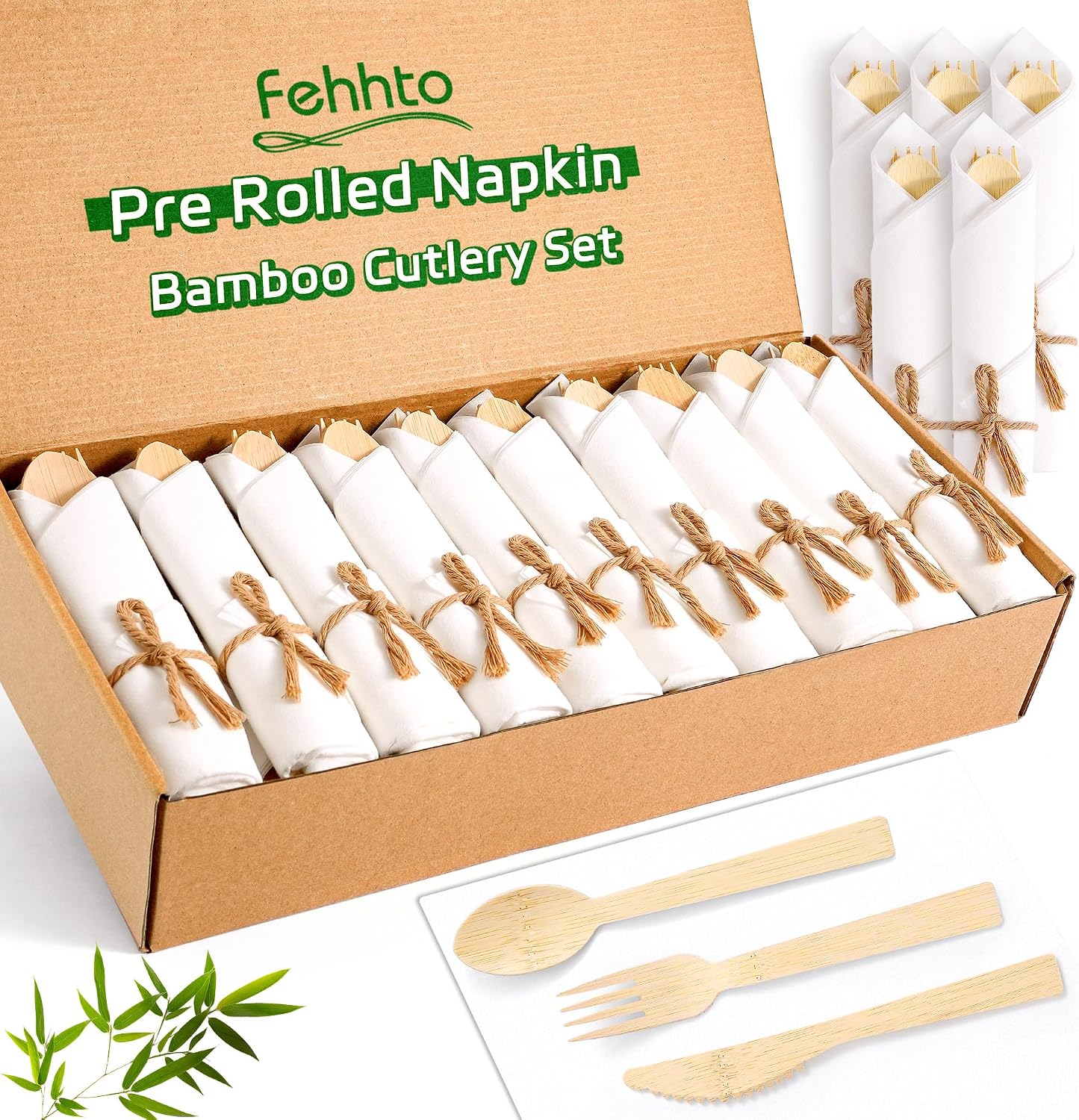 Pre-Rolled Bamboo Cutlery Set, Compostable Utensils with Napkins