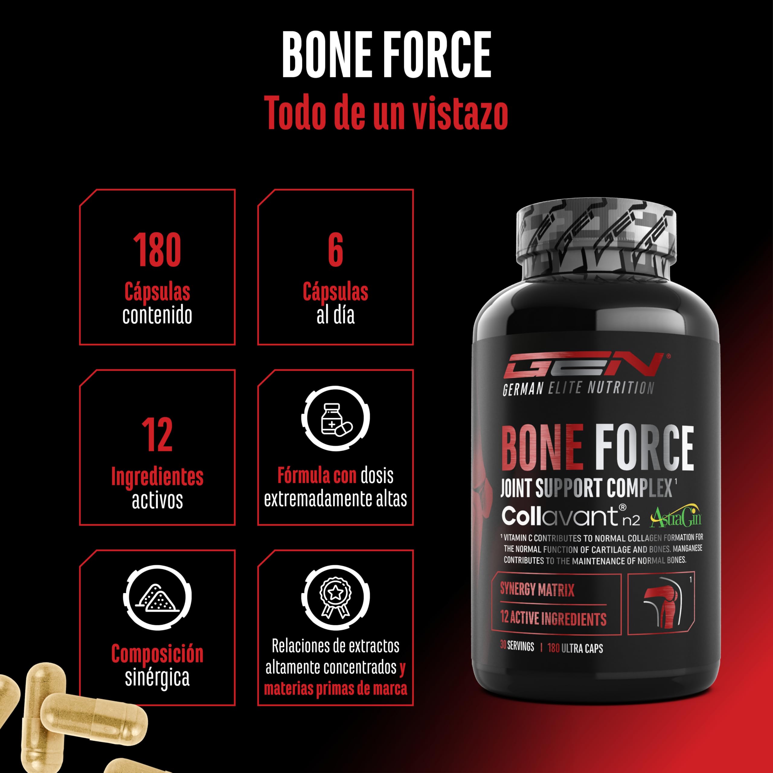 Bone Force - Complejo Articular Premium con Collavant® N2 (Colágeno Tipo II), AstraGin®, Glucosamina, MSM, Condroitina, Cissus y Acido Hialurónico - 180 Cápsulas Ultra