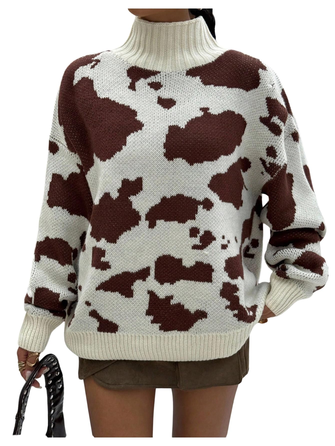 MakeMeChic Womens Cow Print Turtleneck Sweater High Neck Long Sleeve Vintage Winter Knit Top