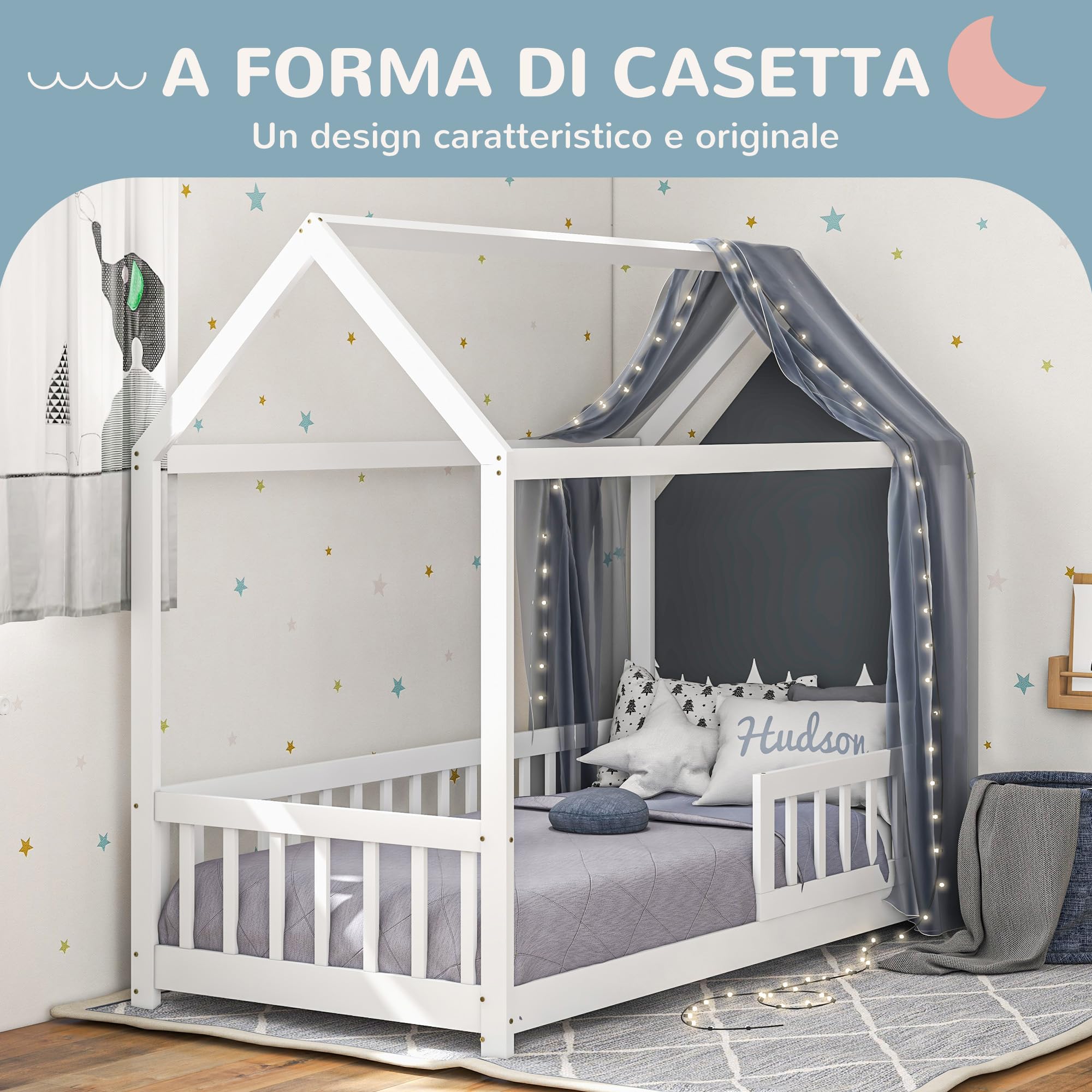 HOMCOM Letto Montessori per bambini a Casetta, 90x190 cm Letto per Bambini a Forma di Casa con 15 Doghe, Struttura in Legno di Pino e Barriere di Protezione per Cameretta, Bianco