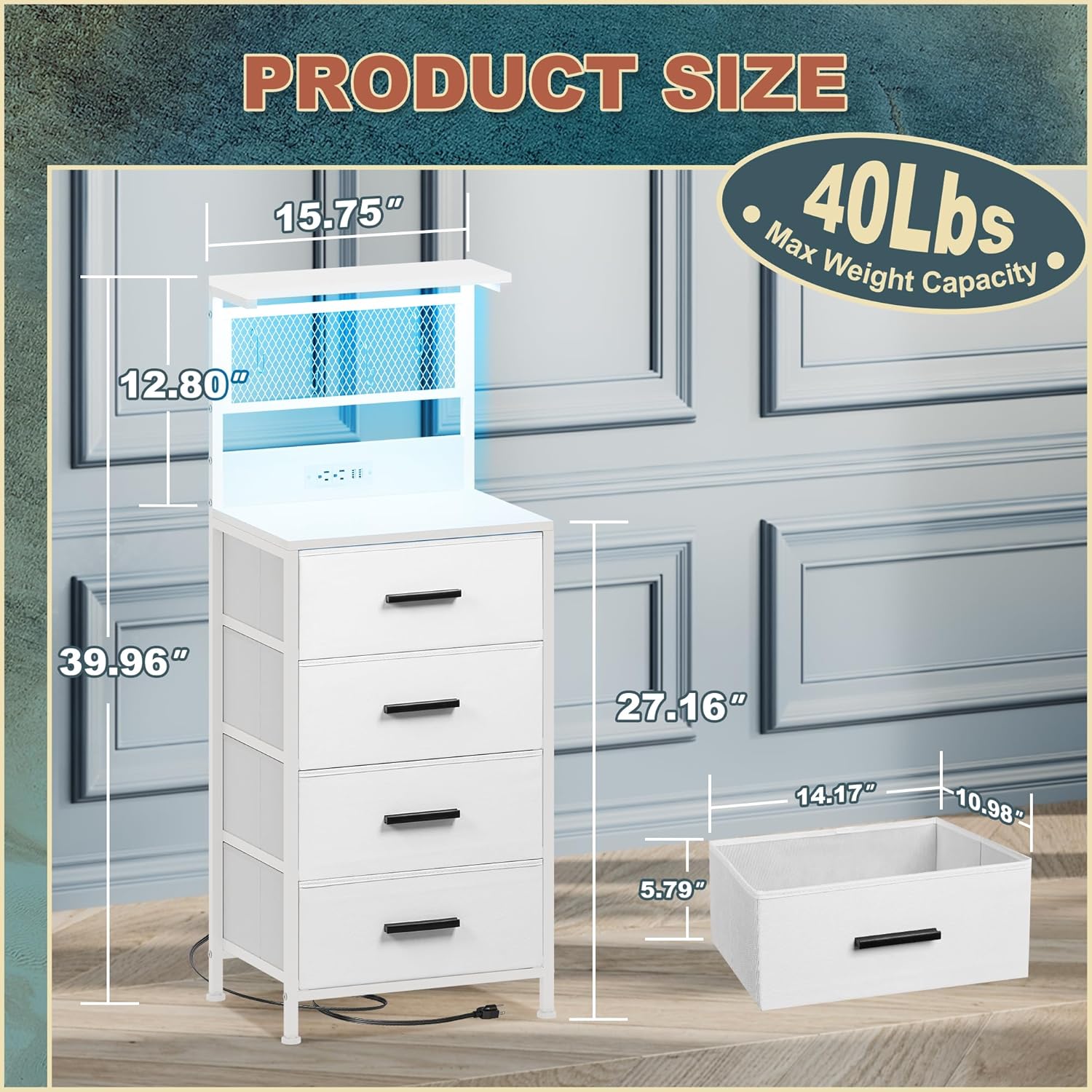 Nightstand 4 Drawer Dresser with LED Lights, Charging Station, Mesh Shelf with Hooks, Vertical Side Table with Fabric Drawers, End Table, Tall Dresser for Bedroom, Hallway, Entryway, White