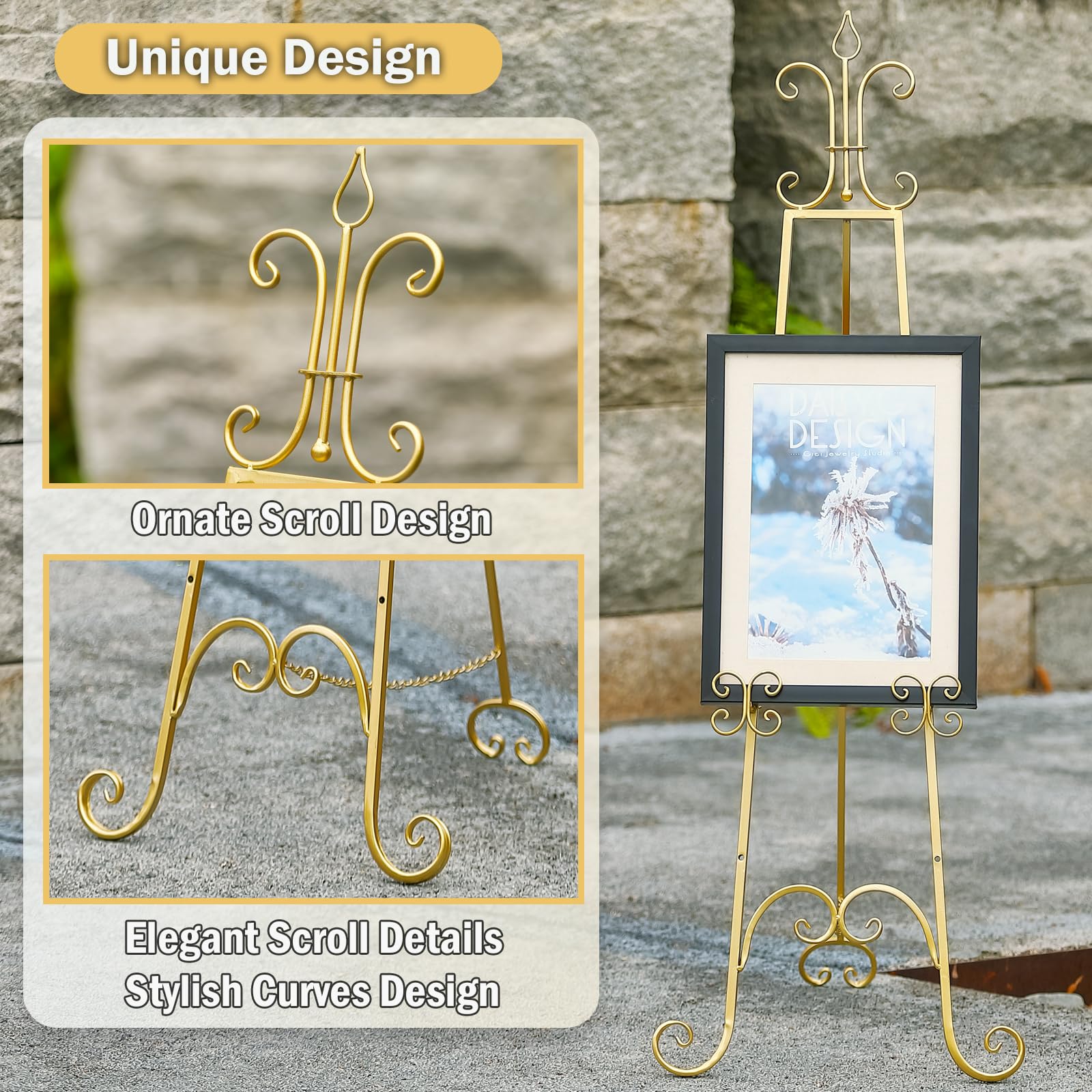 Cavalletto grande per esposizione, altezza regolabile, in metallo dorato, con supporto a catena, cavalletto resistente per specchio, cartelli, matrimoni, cornici (non richiede installazione)