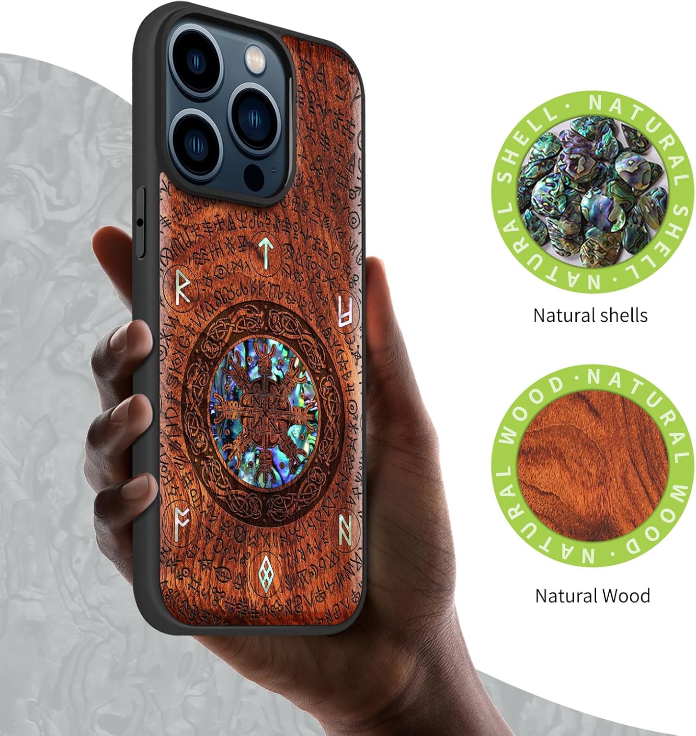 Carveit Wooden Case for iPhone 15 Pro Magnetic Case, Compatible with MagSafe Wireless Chargers, Shockproof Cover, Handmade Shell Inlaid & Wood Artisan Engraved (Viking) Rosy