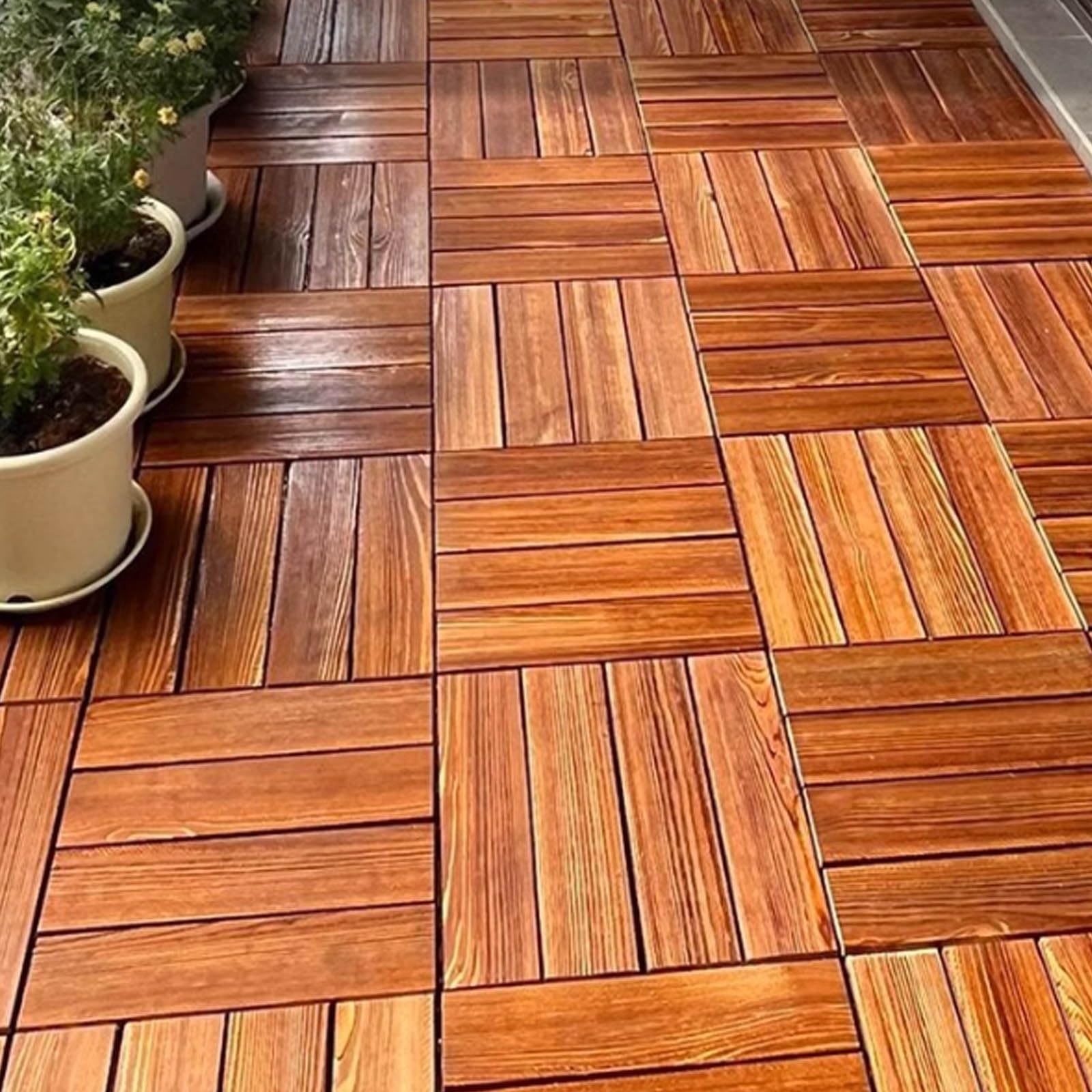Lot de 11 Dalles en Bois, Caillebotis Bois Exterieur avec Système D'emboîtement à Découper Individuellement Système de Grille de Drainage Revêtement de Sol Extérieur Intérieur A1