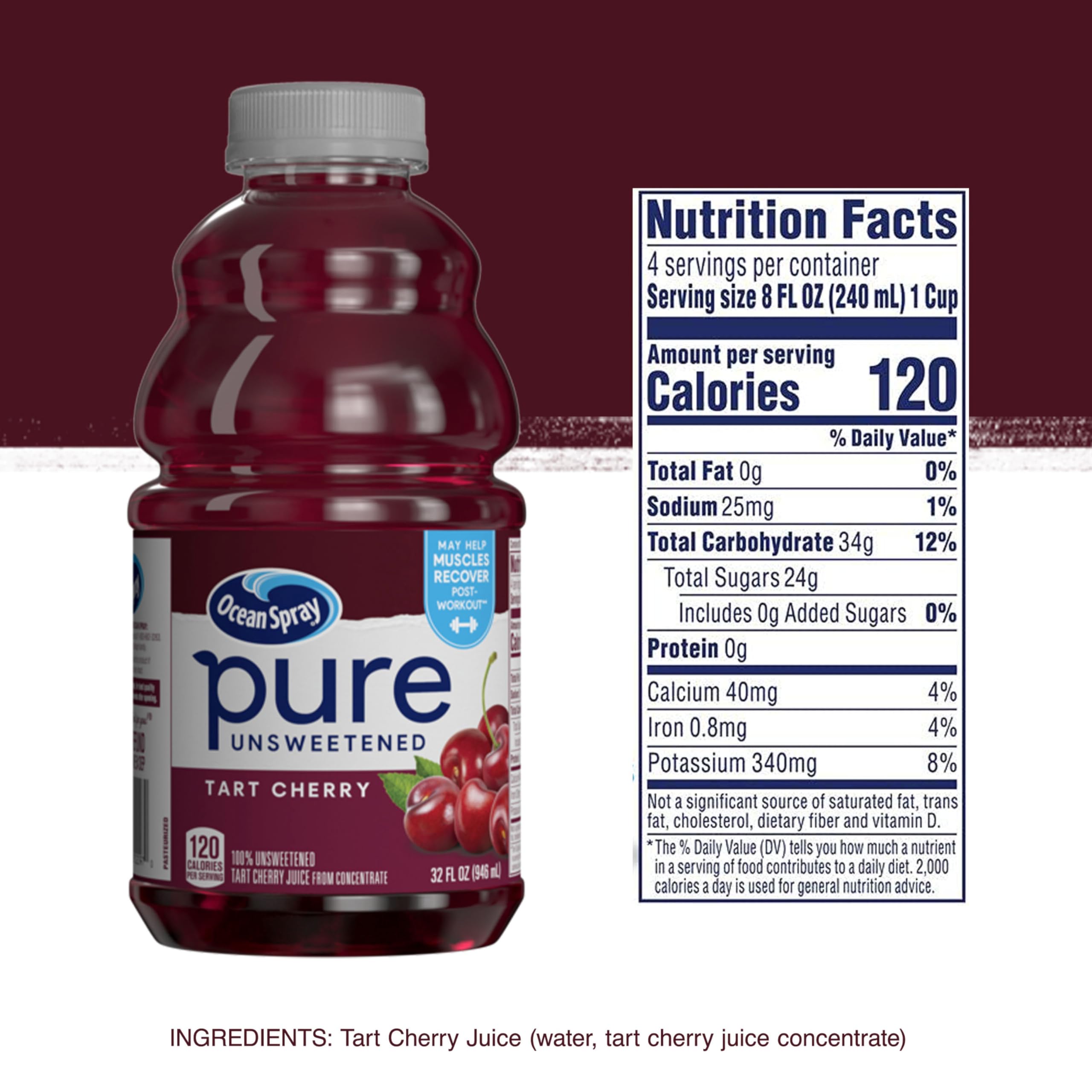 Ocean Spray® Pure Unsweetened Tart Cherry, 100% Tart Cherry Juice, 32 Fl Oz Bottle