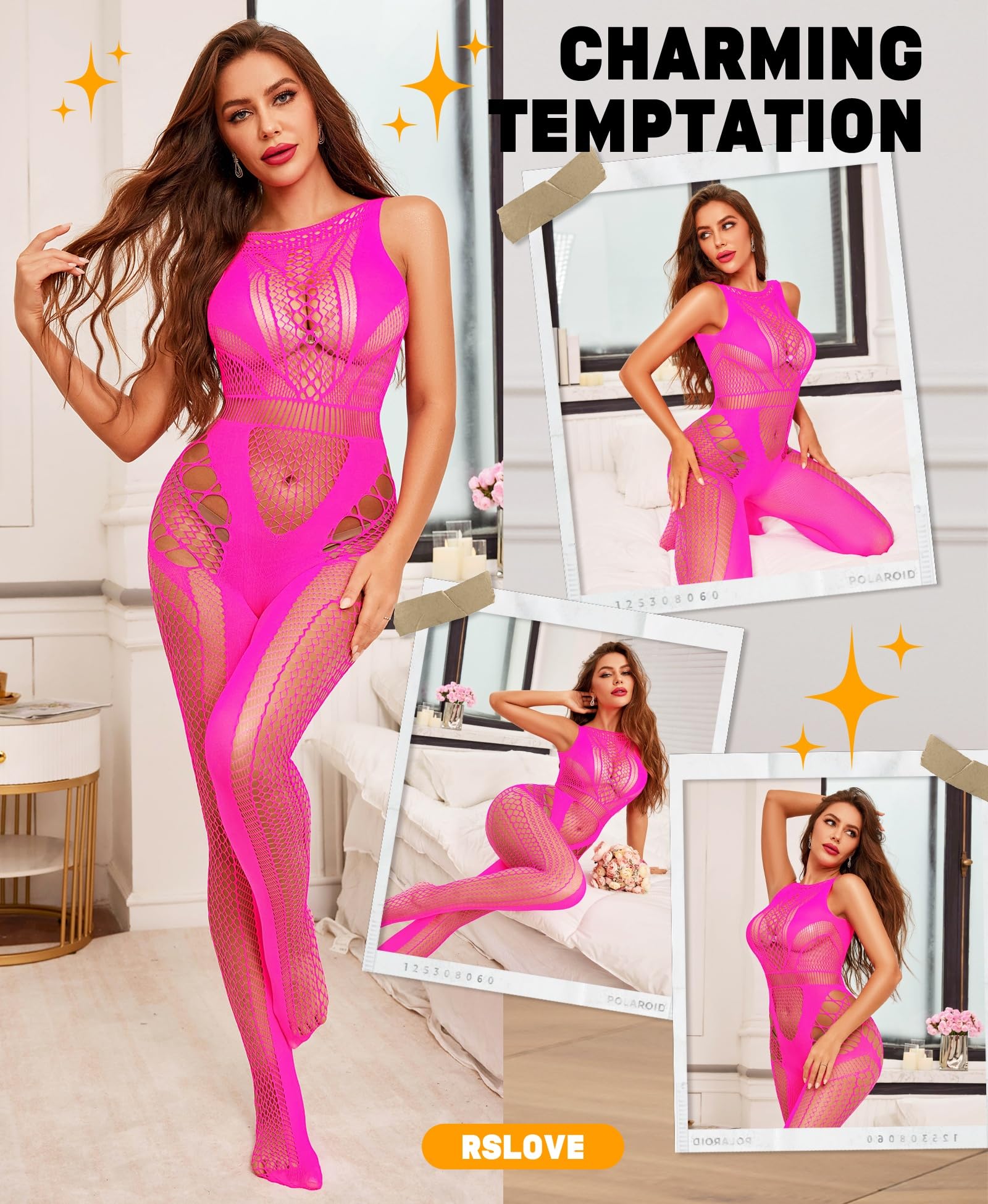 RSLOVE Sexy Lingerie Exotic Bodystocking - Fishnet Cut Out Lingerie Mesh Bodysuit One Piece Babydoll Rave Outfits: One Size Rose Red