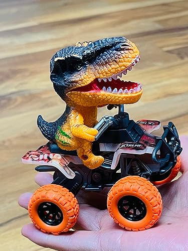 Miniatura 6 de Juguete de camión de dinosaurio, 4 dinosaurios jurásicos en ATV, vehículos de acrobacias Push and Go, no ruidoso para niños pequeños, regalo para