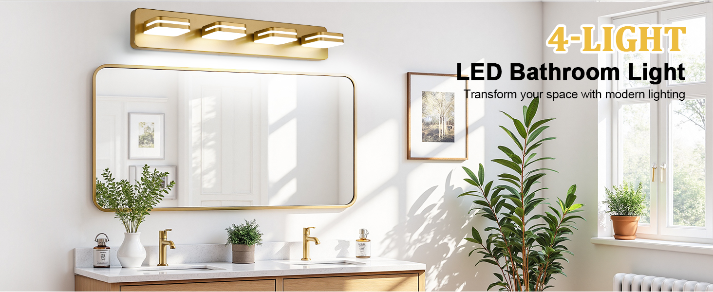 Image of Torondo 360 Rotate LED Bathroom Vanity Light Fixtures, Acrylic Vanity Lights for Bathroom, Modern Wall Lighting Fixtures Over Mirror Living, Gold, Natural White, 4-Light, 27-Inch