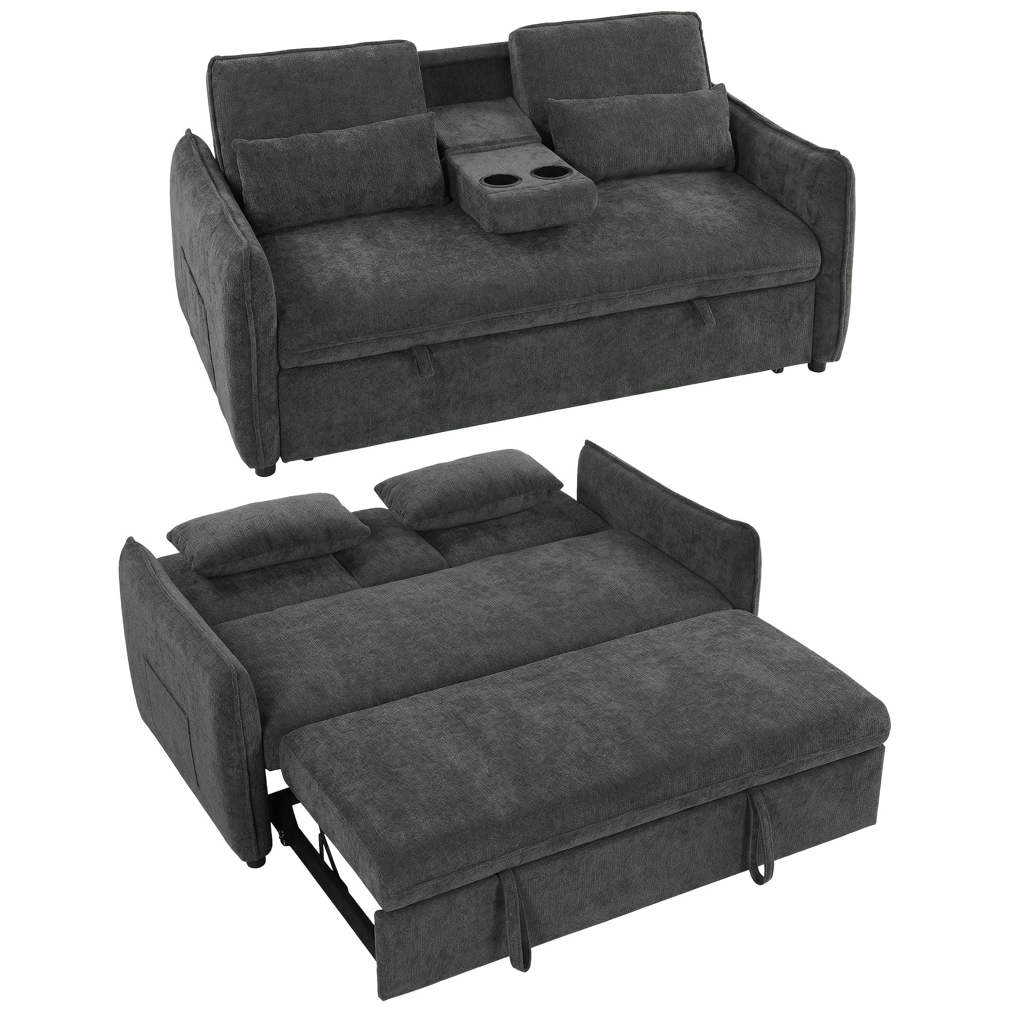 HOMCOM Divano Letto 2 Posti 3 in 1 in Ciniglia, Divano Letto Matrimoniale Clic Clac Estraibile Reclinabile 3 Livelli, Tavolino, 2 Cuscini Spessi, Tasche Laterali, Braccioli, per Soggiorno, Grigio
