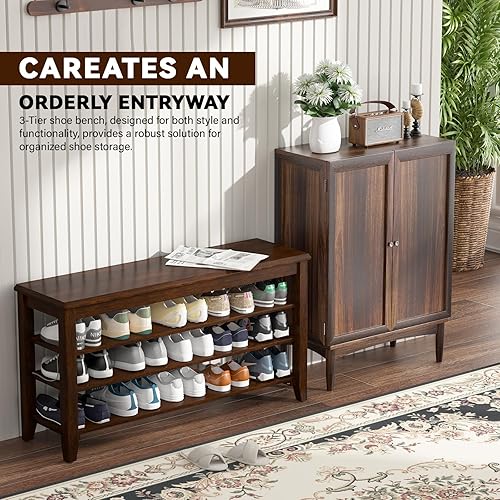 Miniatura 4 de Banco de zapatos de madera de caucho con cojín de cuero para banco de entrada, ideal para pasillos, zapateros, puertas delanteras, entradas,