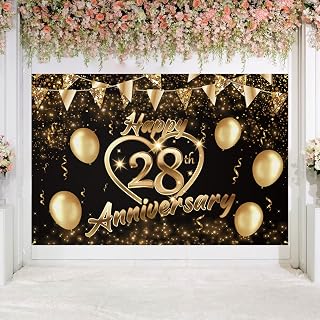 Happy 28th Anniversary Backdrop Banner Decor Black Gold – Glitter Love Heart Happy 28 Years Wedding Anniversary Party Theme Decorations for Women Men Supplies