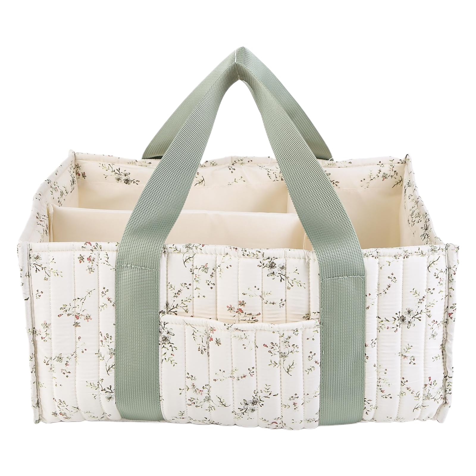HTU Floral Diaper Caddy Organizer with Handle Stylish Nursery Storage Basket with Removable Partition Babies Shower Gifts Basket for Boy and Girl (Green Leaves) (style2)