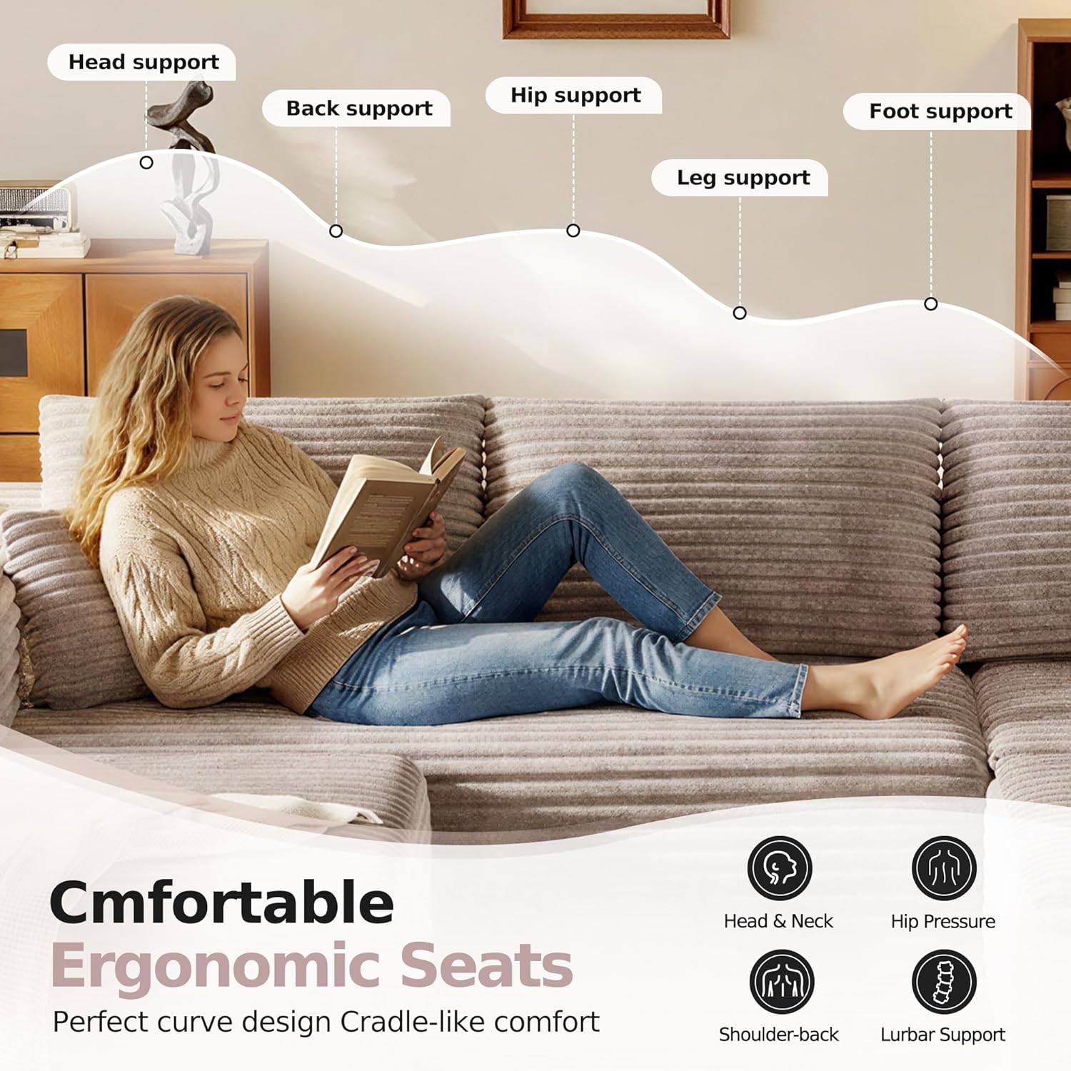 108.2" Modular Sectional Sofa with Deep Seat, Boneless U Shaped Corduroy Couch Modern Comfort, Cloud Couch Oversized for Living Room No Assembly (Camel) | Sectional,Boneless