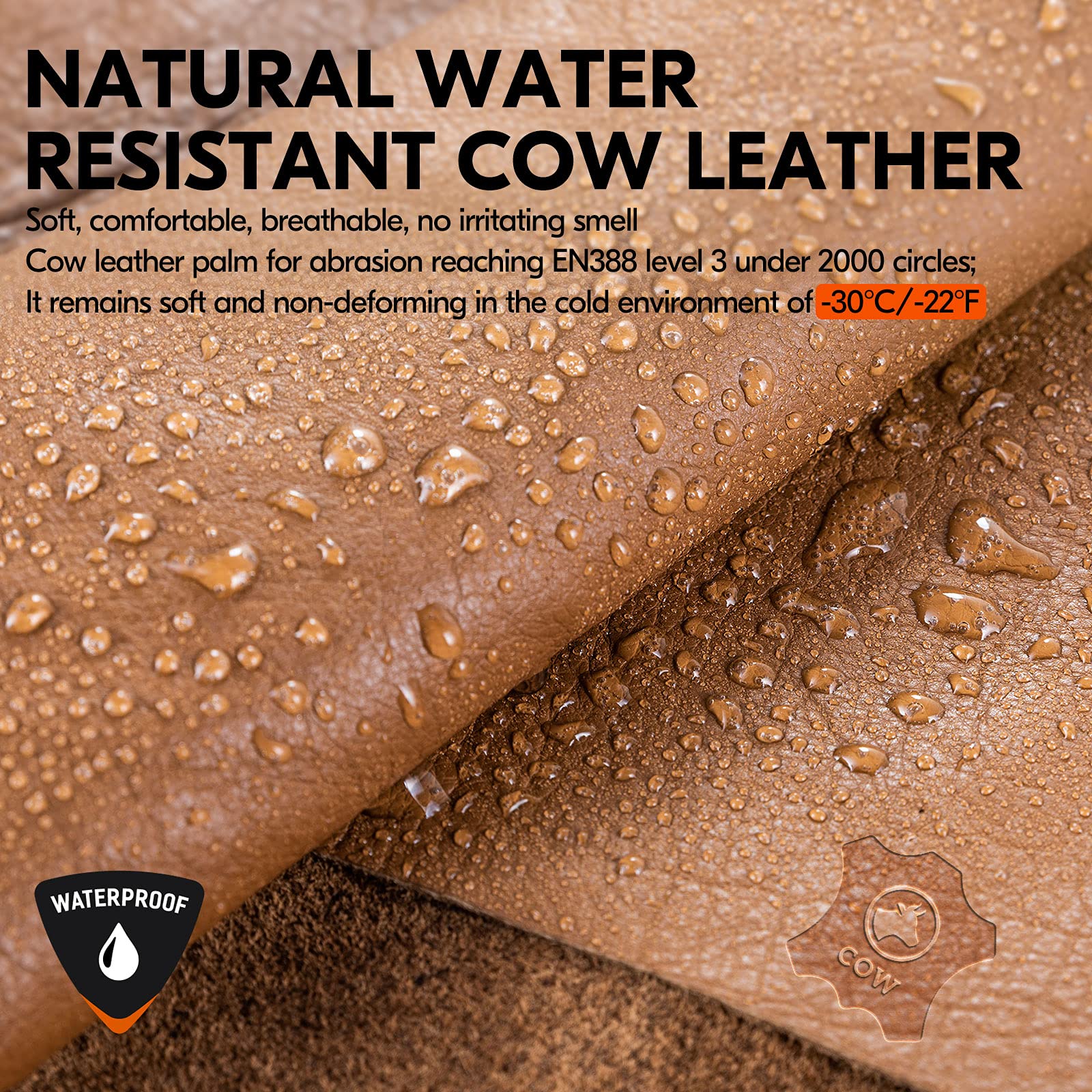 Vgo Cow Leather Warm Ski Gloves - Men, Women, Winter Snow, Outdoor, 3M Thinsulate Waterproof (-30℃/-22°F) - Image 4