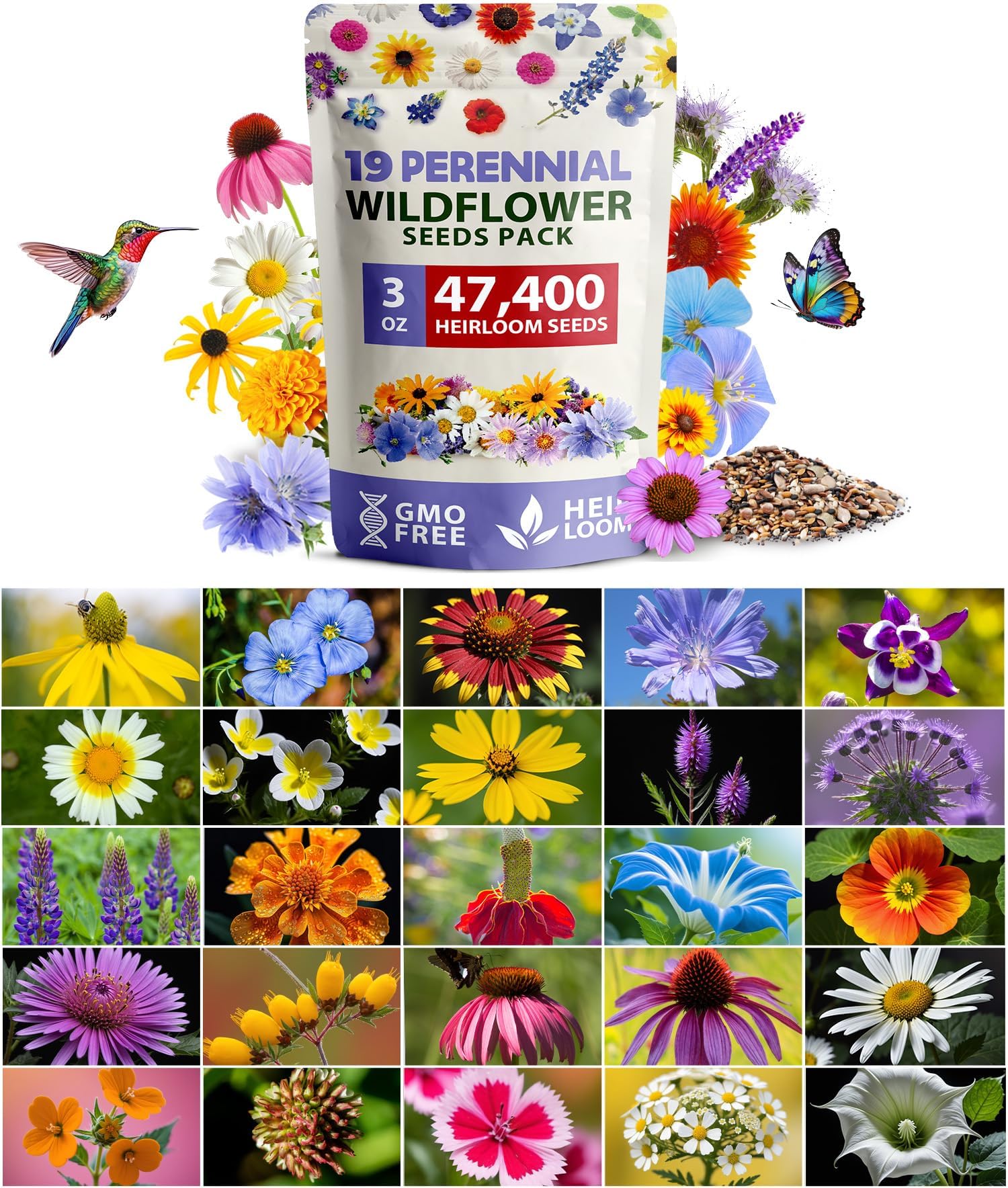 HOME GROWN Wildflower Seeds Mix - 47,400+ Non-GMO USA-SOURCED Seeds - 19 Pere...