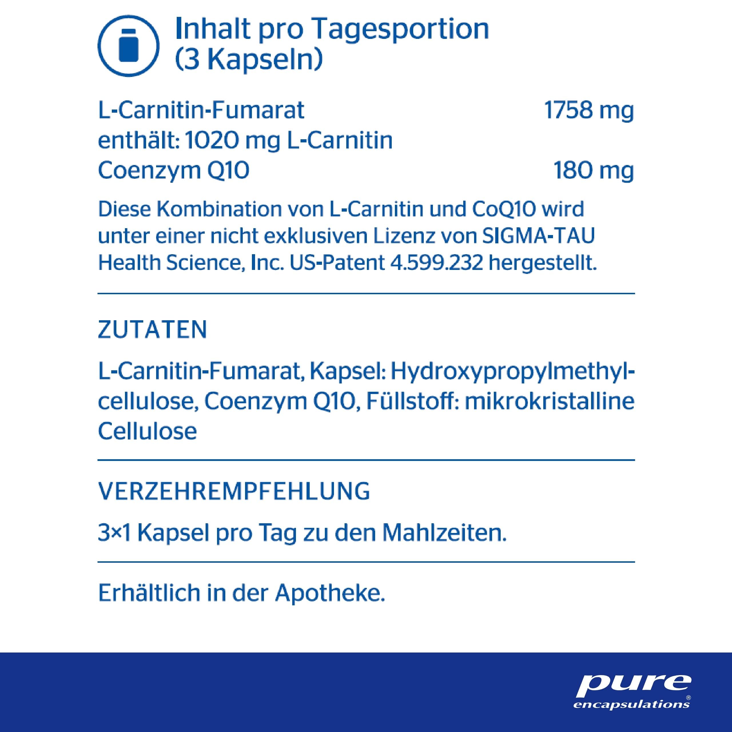 Pure Encapsulations - CoQ10 L-Carnitin Fumarat - Hohe Konzentration an Coenzym Q10 und L-Carnitin - Vegan - 60 Kapseln