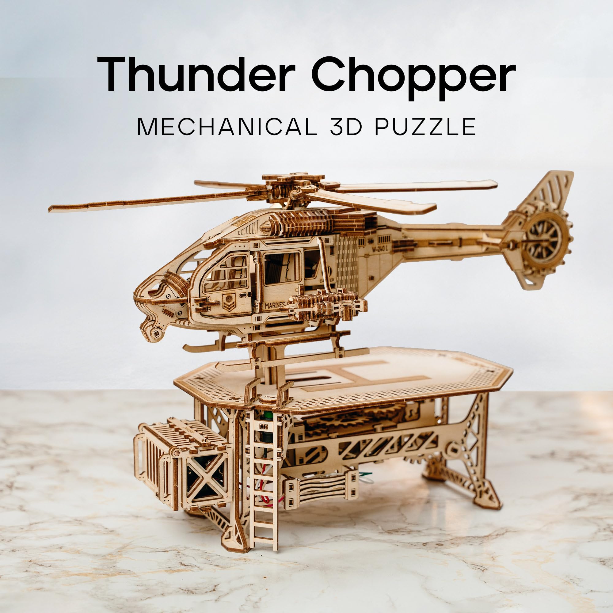 Wood Trick Thunder Chopper Elektryczny helikopter, 3D, drewniane puzzle dla dorosłych, obracające się wirniki i ostrza, szczegółowy design, mechaniczne modele drewniane dla dorosłych