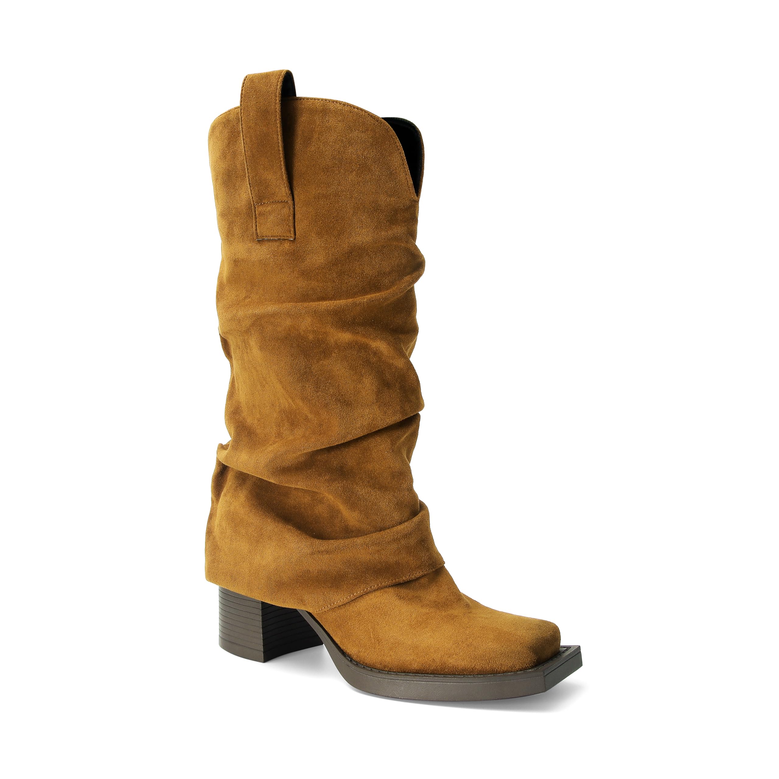 Brown Suede Fold over Boots Square Toe Chunky Block Heel Mid Calf Boots Pull on Cowboy Cowgirl Western