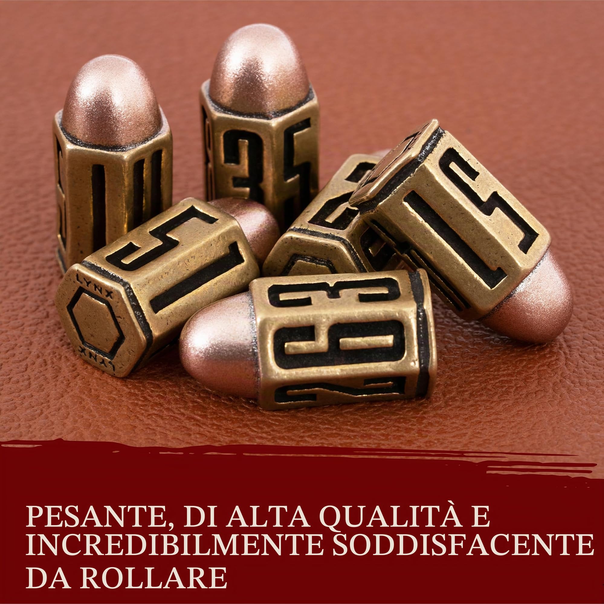 Set Dadi Proiettile in Metallo/Bullet Metal Dice - 6 Dadi in Ottone D6, Ottimi Compatibile con DND, Wargames, GDR Homebrew, D&D, RPG/Dungeons & Dragons - Regalo e Accessori DND. Ok per torre dei dadi