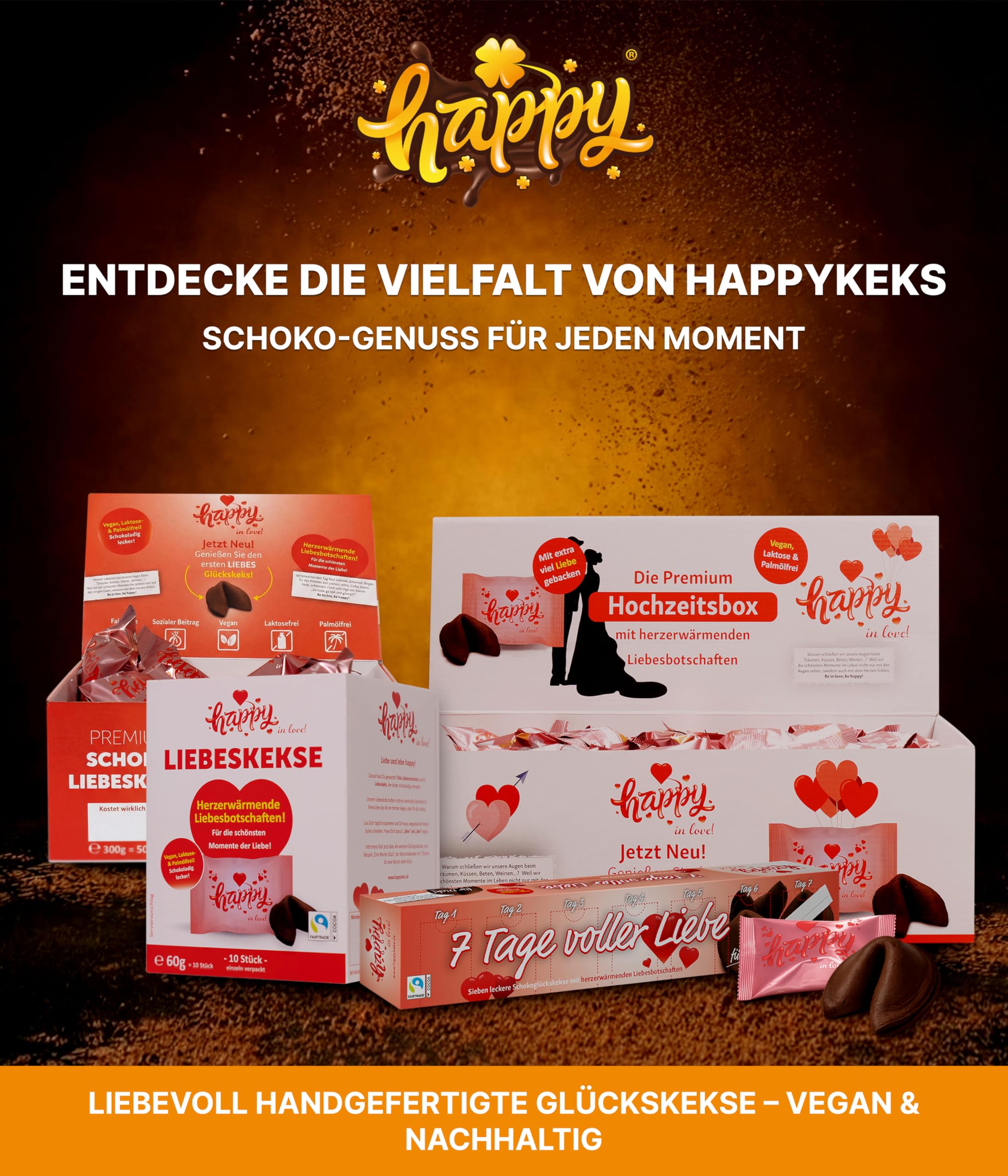 HappyKeks Hochzeitsbox | 100 vegane Schoko-Glückskekse aus Fairtrade-Schokolade | Glückskekse Hochzeit | ideale Gastgeschenke & Hochzeit Deko | Wedding Edition