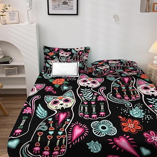 Miniatura 2 de Day of The Dead - Juego de sábanas de tamaño Queen, sábanas de gato, sábanas y fundas de almohada estampadas de 4 piezas, sábana bajera ajustable de
