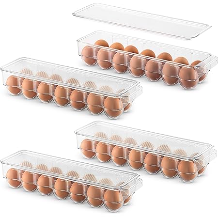 Set Of 4 Plastic Egg Holders Stackable Refrigerator Organizer Bins - Egg Tray Holder with Lid & Handles - Clear Plastic Storage Container for Fridge Freezer Holds 14 Eggs
