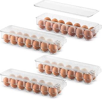 Set Of 4 Plastic Egg Holders Stackable Refrigerator Organizer Bins - Egg Tray Holder with Lid &amp; Handles - Clear Plastic Storage Container for Fridge Freezer Holds 14 Eggs