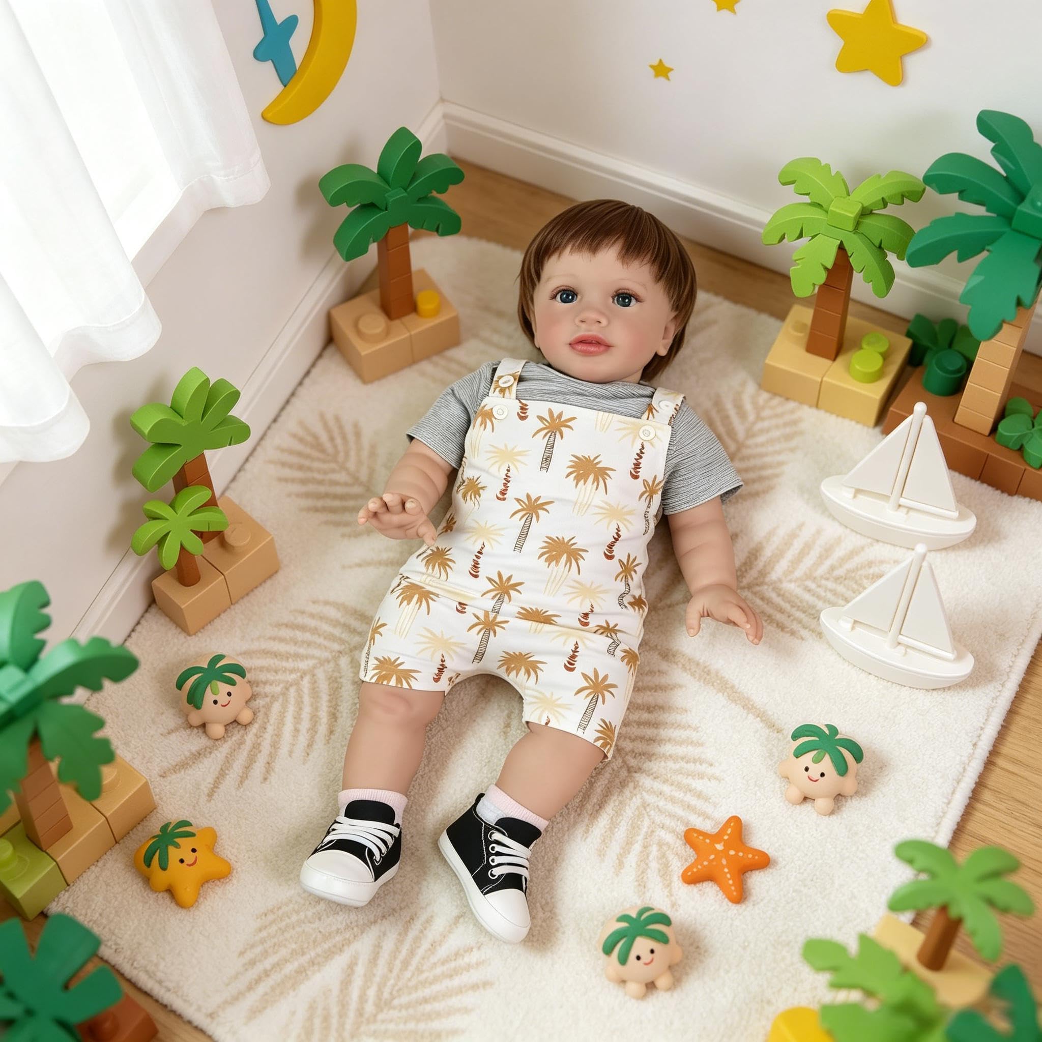 Reborn Kleinkind-Puppen Jungen, 66 cm, Realistische Reborn-Babypuppe, Weicher Stoffkörper, echt aussehende Babypuppe Braunes Haar Lebensechte Kleinkindpuppe Geschenke für Kinder