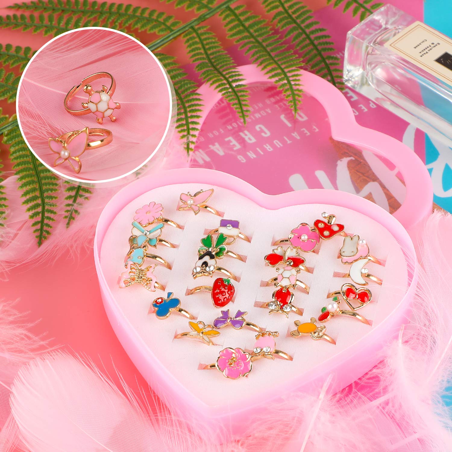 Hifot kinderringe mädchen Prinzessin Schmuck Set 36 Stück, Kristall Verstellbare Ringe für Mädchen mit Herzformkasten, Girl Dress up Rings Fingerringe