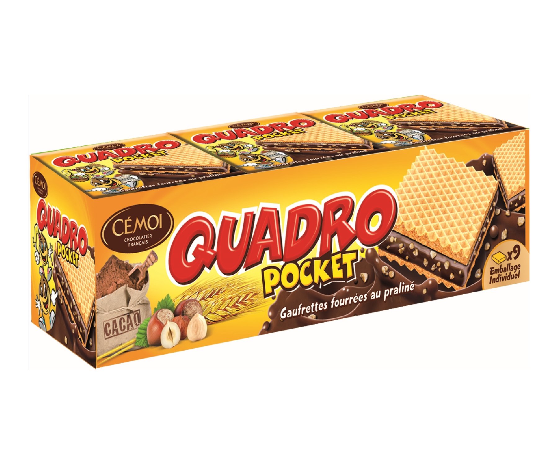 Cémoi – Estuche Quadro Pocket relleno chocolate bombones 9 gofres envueltos individualmente, fabricado en Francia, 8 unidades (187 g x 8)