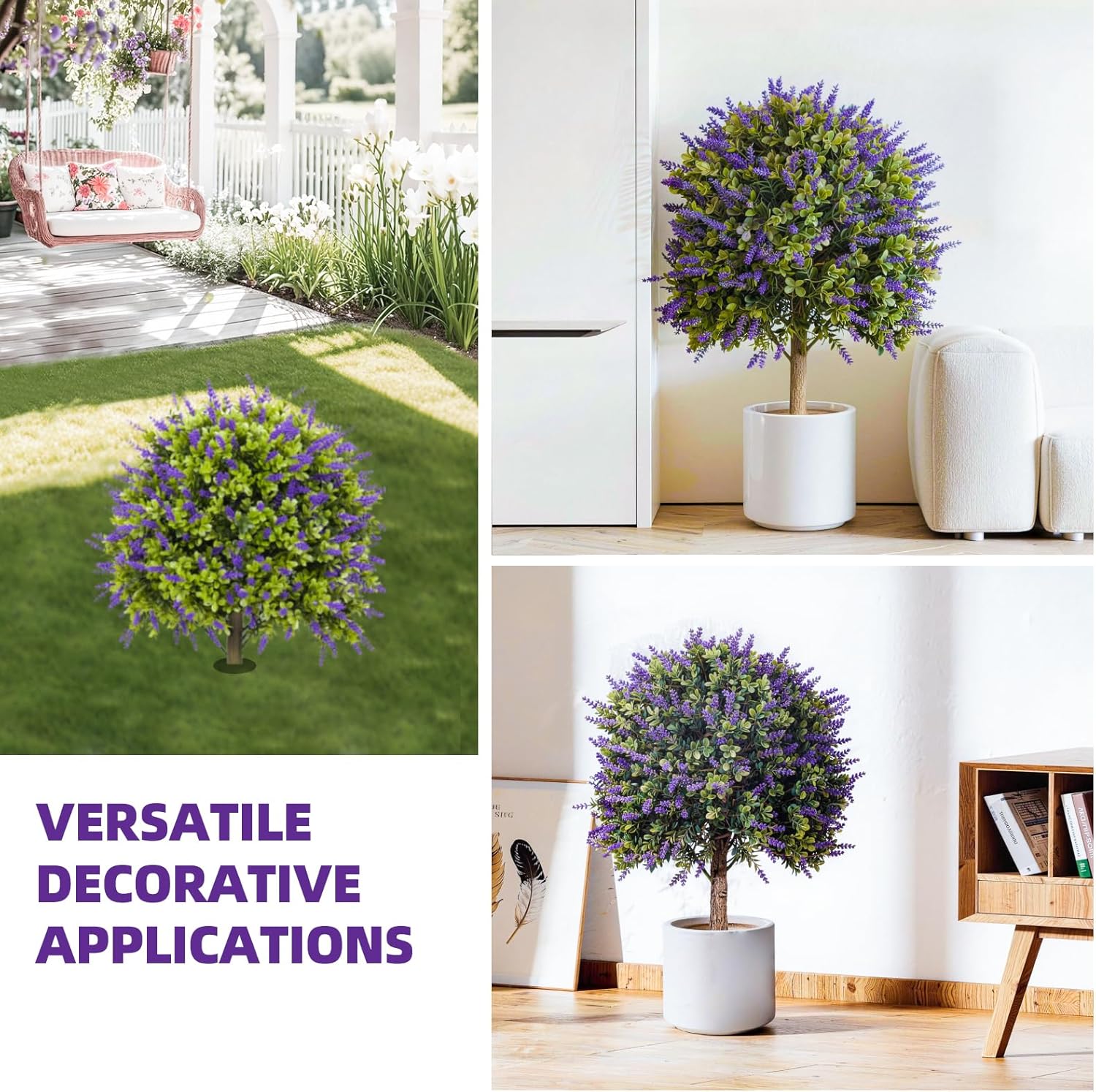 Artificial Lavender Topiary Ball Trees, 2 Set of UV Resistant Fake Evergreen Shrubs Bushes Plants, Faux Bushes for Outdoor Indoor Front Porch Garden Yard