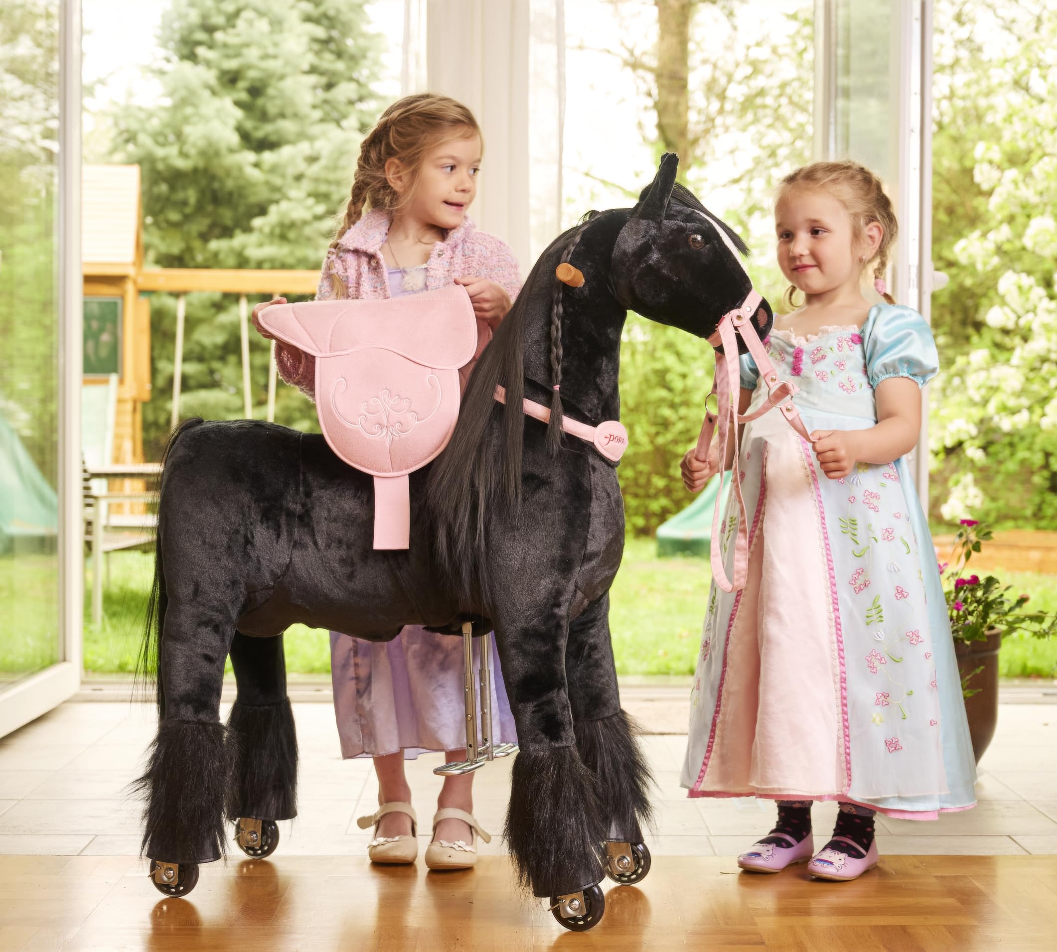 Ponnie - Ebony dziecięcy koń jeździecki, 5-12 lat, mechaniczny duży koń fryzyjski na kółkach, zdejmowane siodełko, Combable Mane, regulowane podnóżki