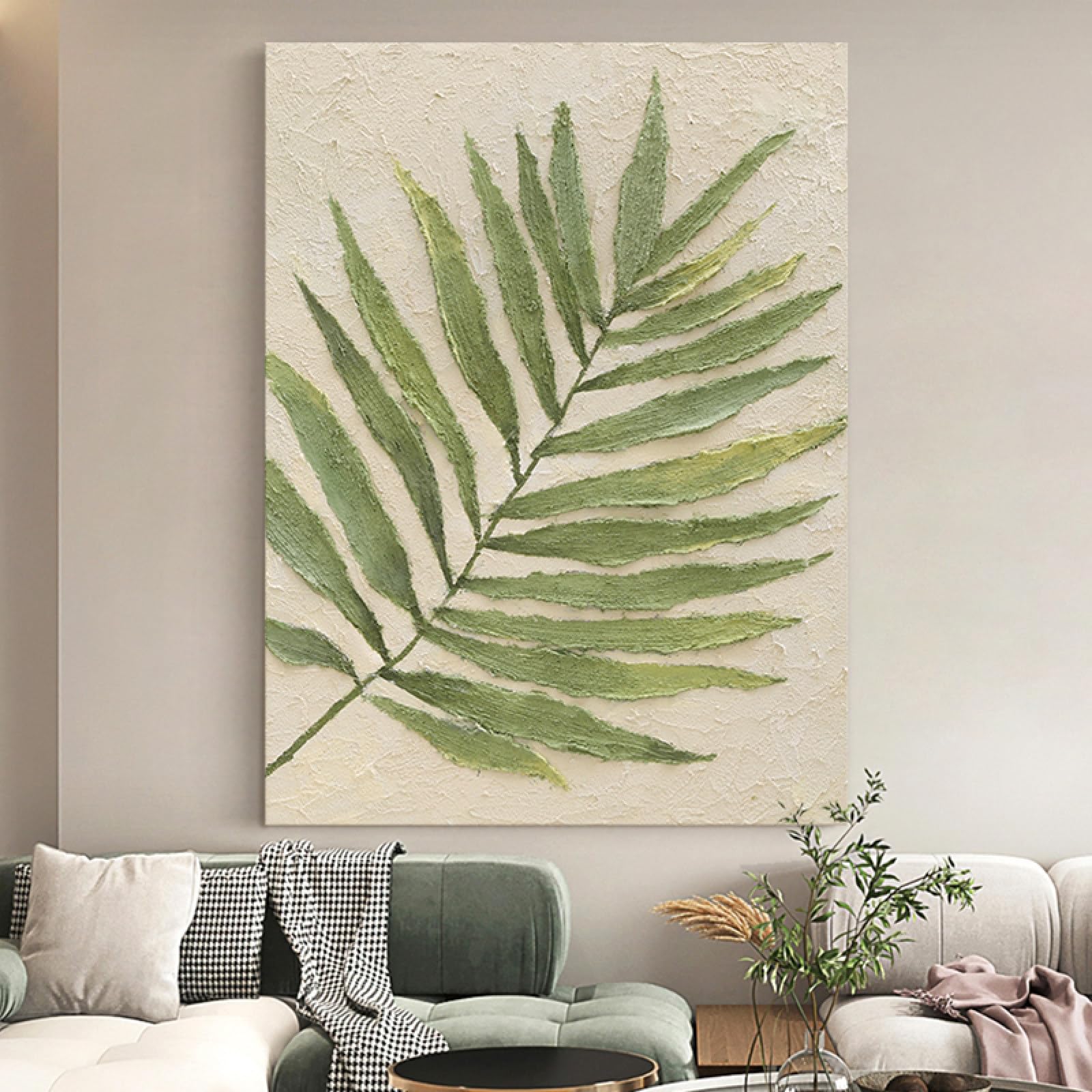 Peinture abstraite feuille verte pour art mural de chambre à coucher zen
