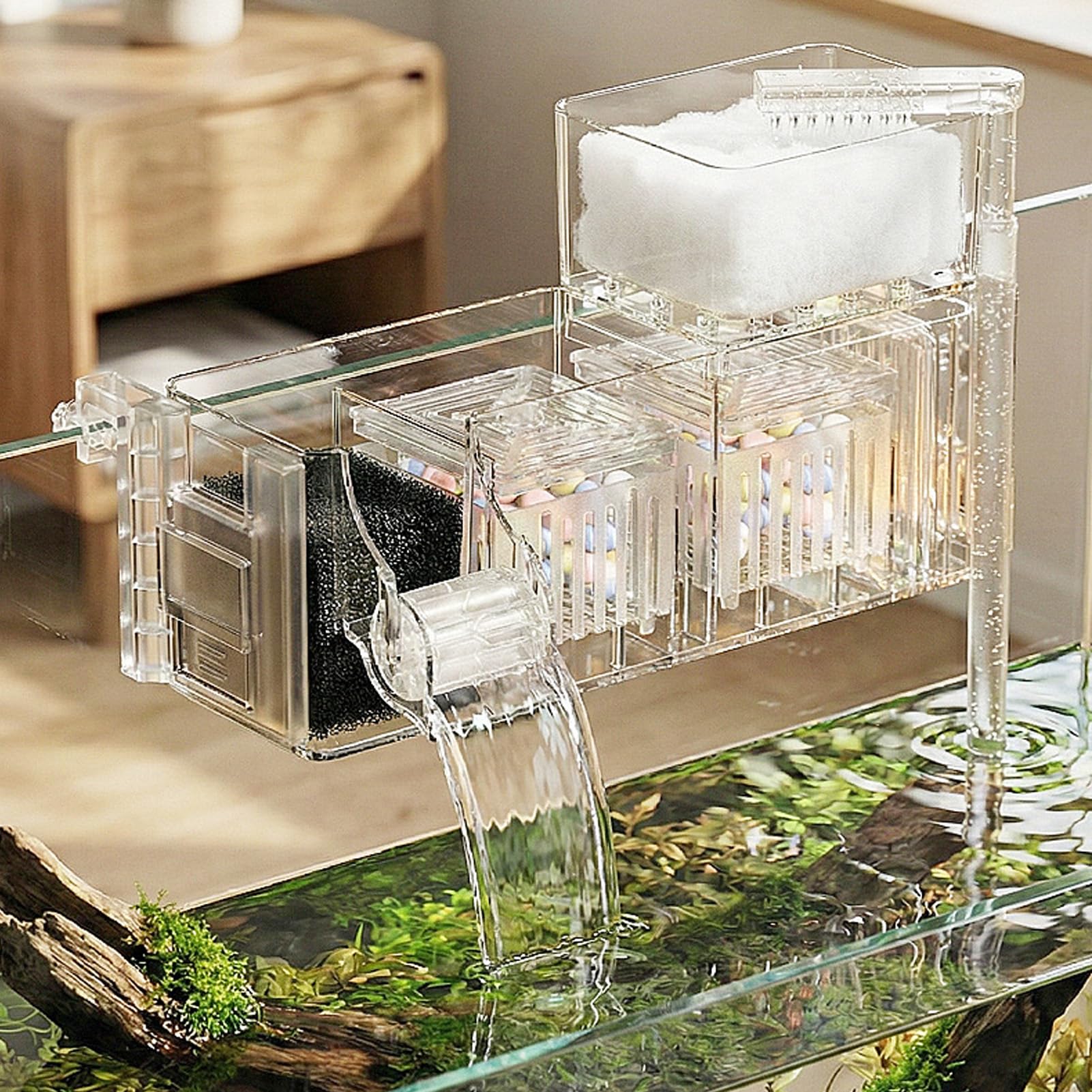Srliya Filtre D'aquarium Suspendu Externe 3W, Puissant Filtre de Réservoir de Poissons à Circulation d'eau, Boîte de en Cascade (Prise UE 220V)
