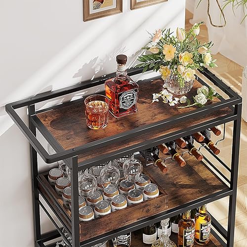 Miniatura 7 de Leteuke Carrito de Bar para el Hogar, Carro de Servicio con Ruedas de 3 Niveles en Negro, Carro de Bebidas, Soporte de Licores con Bandeja