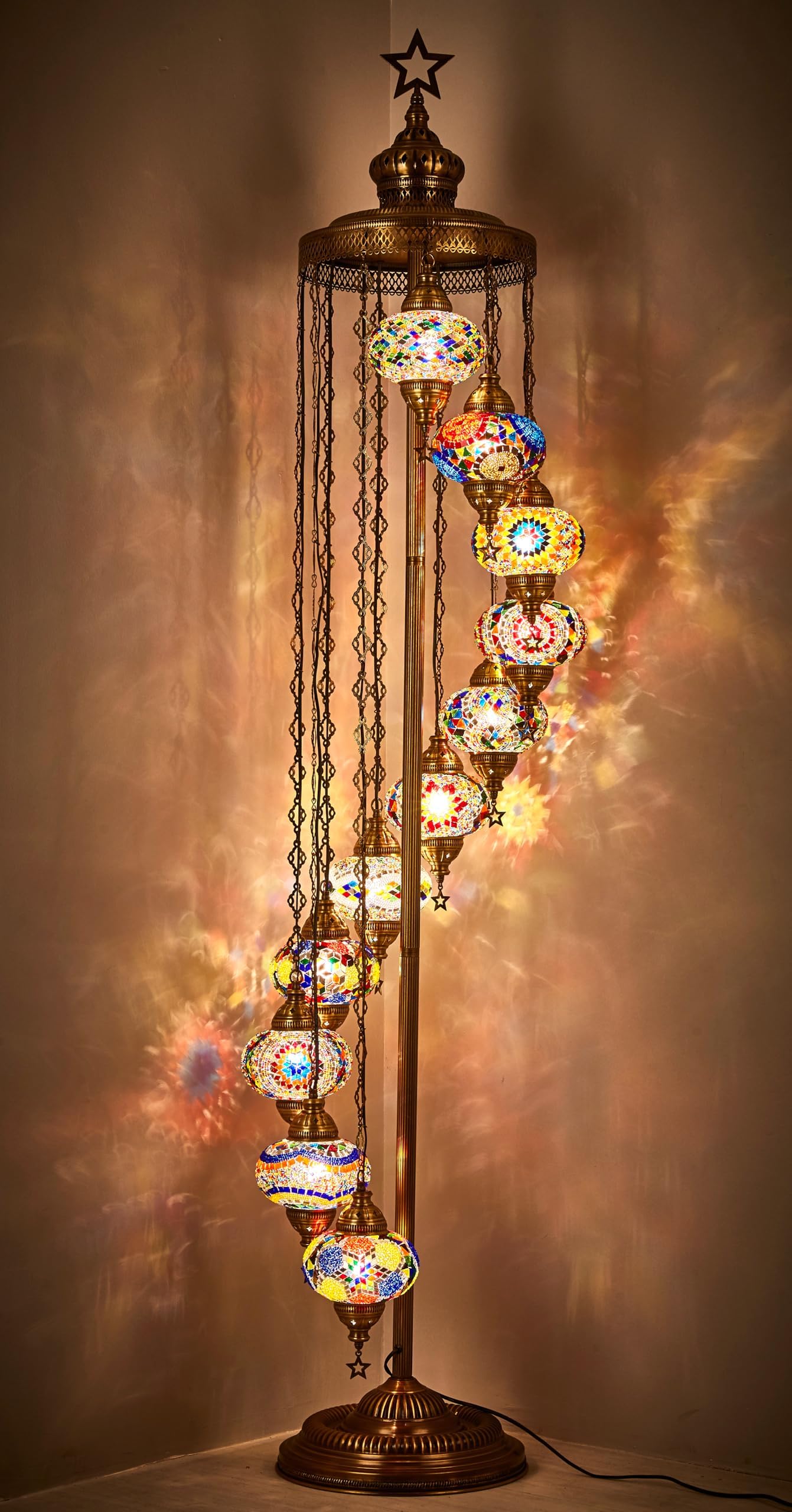 DEMMEX 11 Globe Turkish Moroccan Mosaic Floor Lamp – 210 cm Tall Tiffany Style Standing Boho Lamp for Living Room, Bedroom & Entryway – Handmade in Turkey, Multicolor