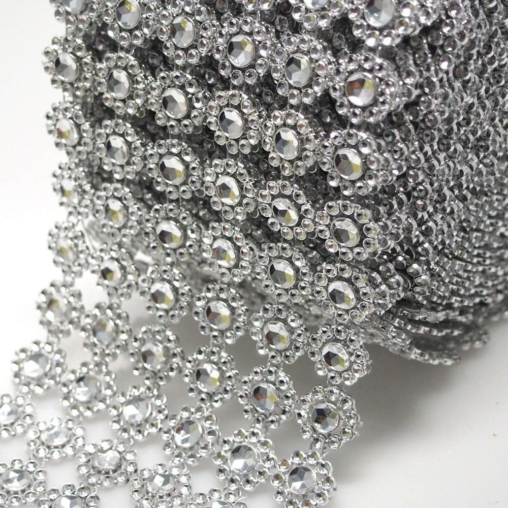Silver Flower Diamond Mesh Wrap Roll Rhinestone Crystal Ribbon 4.5" x 10 Yards