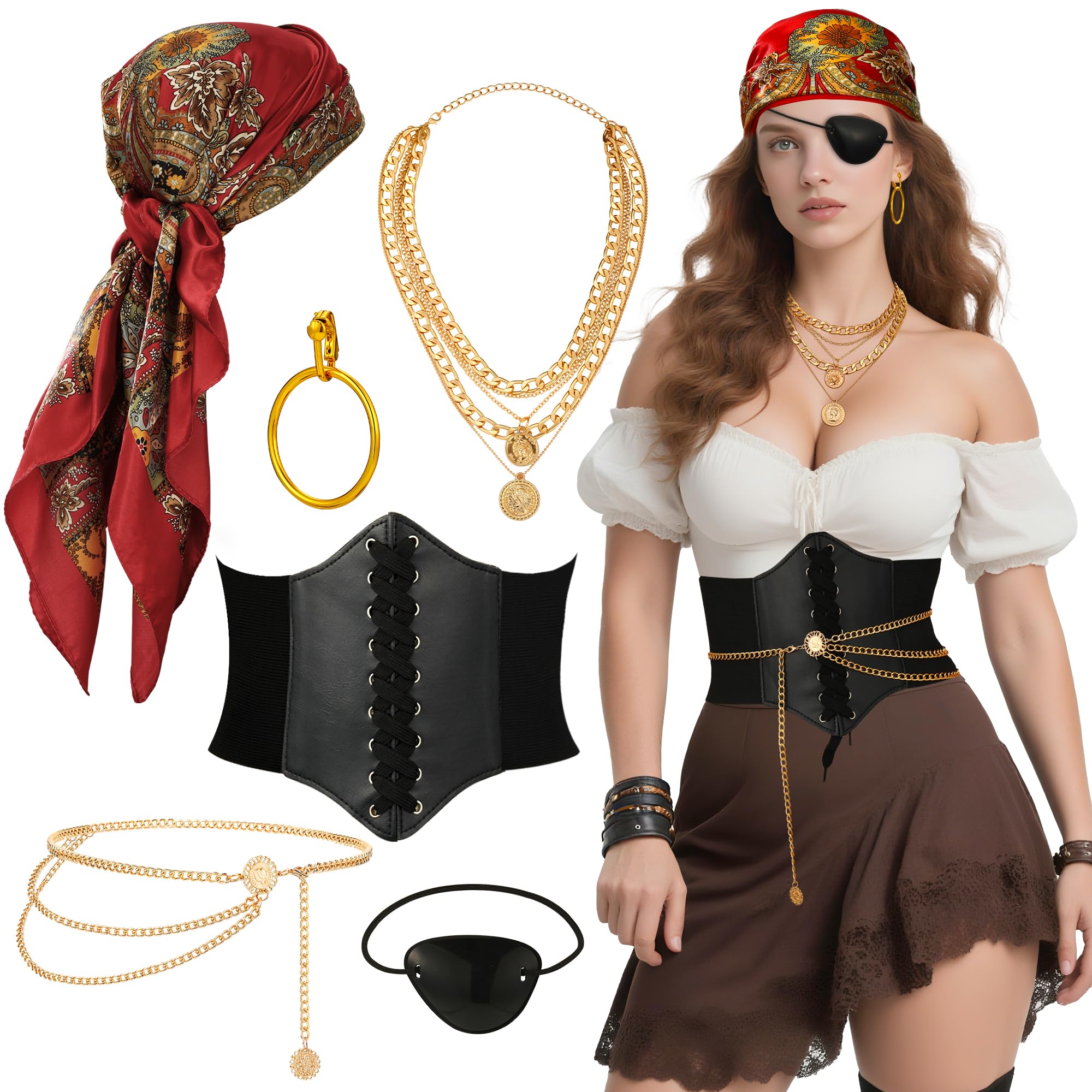 Pirate Accessories Costume Set for Women Pirate Head Scarf Neckalce Earrings Corset Belt Waist Chain Eye Patch Halloween Red