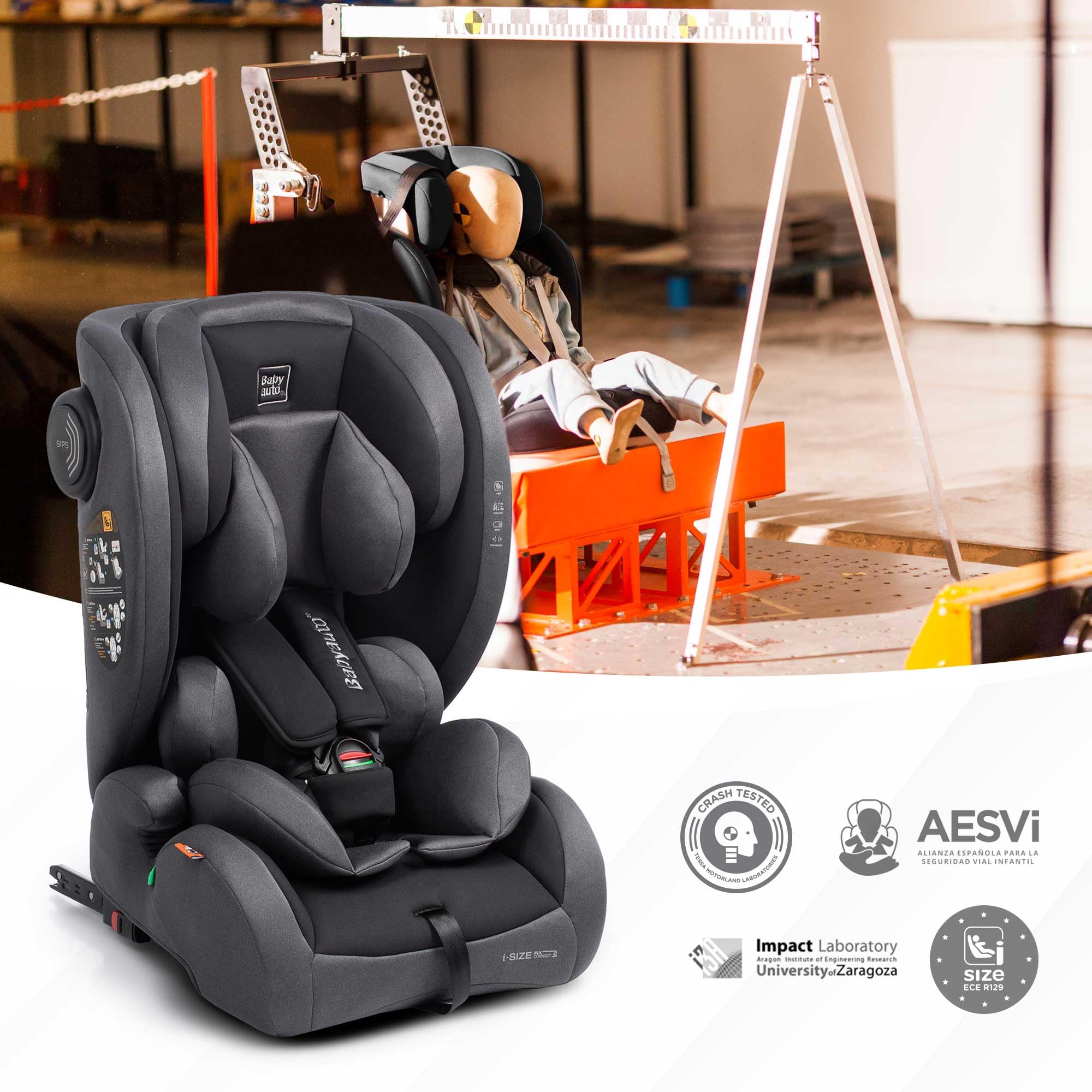 BABYAUTO – Silla de coche ZELAI ISIZE GR. 1/2/3 ISOFIX desde 9 a 36 KG – De 76-150cm de altura – Edad: desde 15 meses a 12 años – Armazón absorve impactos - Evolutiva STONE GREY