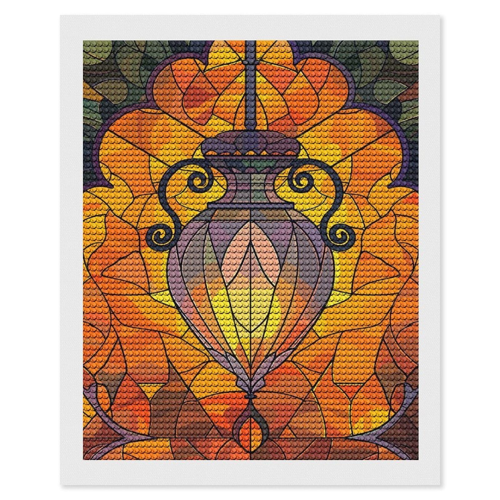 Junmoney Stained Glass Lantern with Floral Accents Diamond Art Canvas 16"x20", for Creative Relaxation, Simple to Start, Aesthetic Room Decor, Holiday Gift Idea