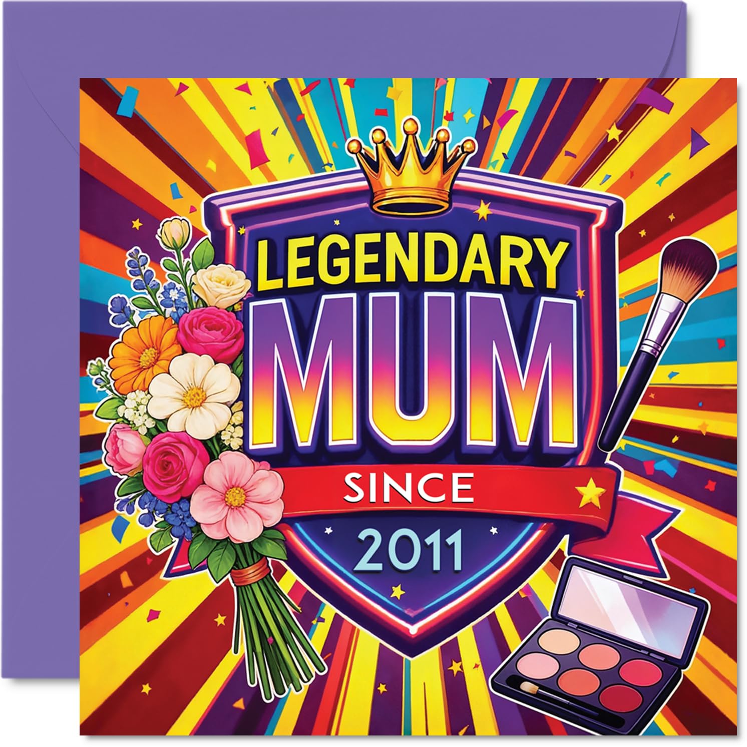 Proud Birthday Card - Celebrating an Epic Mum - Vibrant Floral Crown with Makeup Touches - Bold 'legendary Mum Since 2011' Design, Mother's Day - 145mm Square, Envelope Included