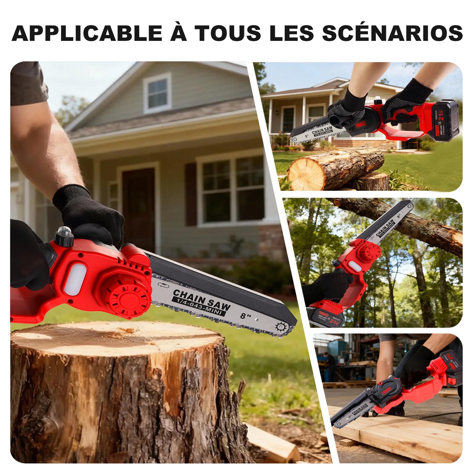 TEENO Tronconneuse a Batterie, 1000W Mini Tronçonneuse Électrique 6&8 Pouces 2-en-1, Kit avec 6 Chaînes (3×6"+3×8"), Moteur Sans Balais, 2×4000mAh, 5500 tr/min, Portable pour Jardin, Taille Haie, Bois