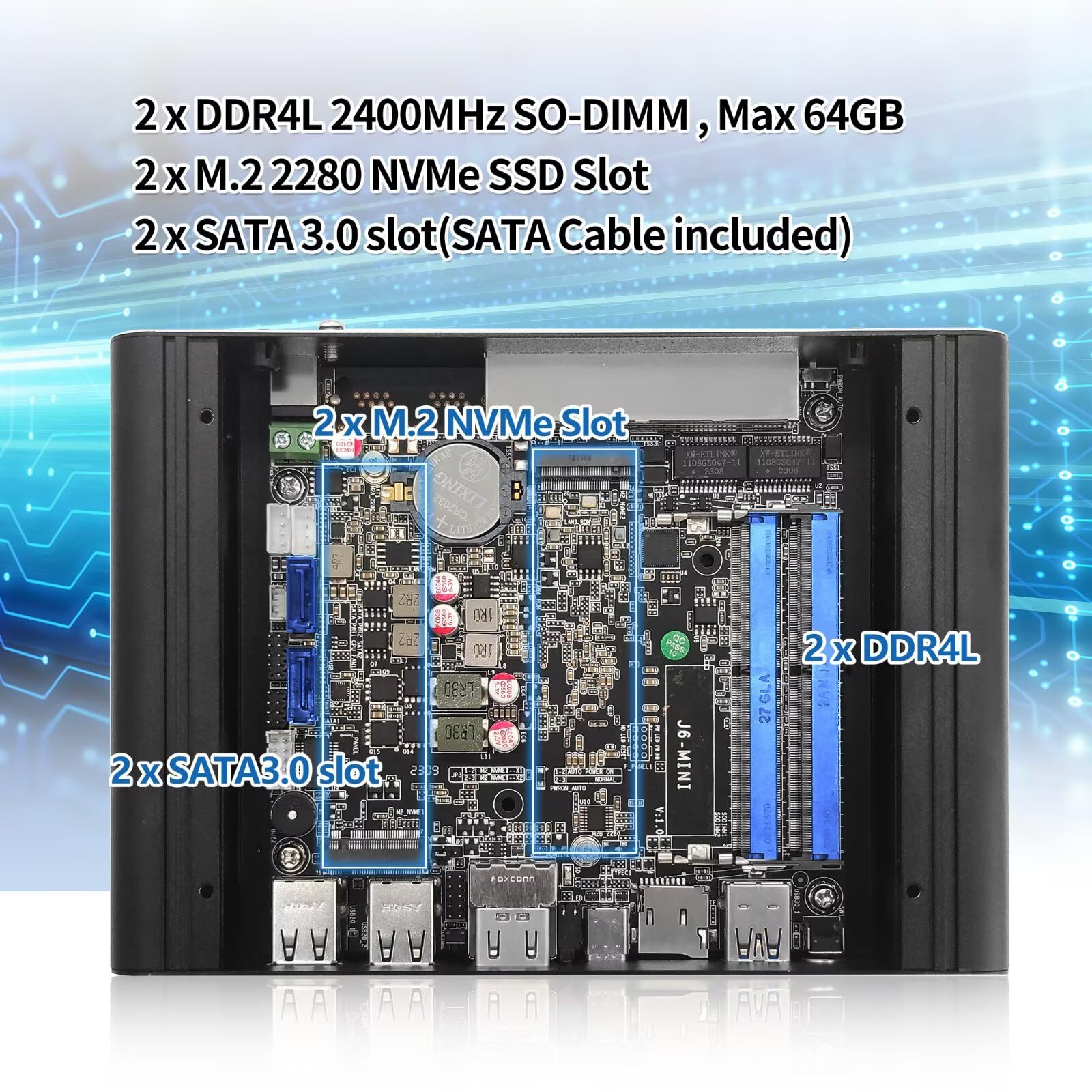 SJRC Firewall Mini PC J6413 Quad Core, OPNsense Router 4 x 2.5GbE LAN, Fanless Micro Appliance Hardware, 8GB RAM 256GB SSD NVMe, AES-NI, 2 x M.2, 2 x SATA 3.0, 2HD+USB-C, 3 Display
