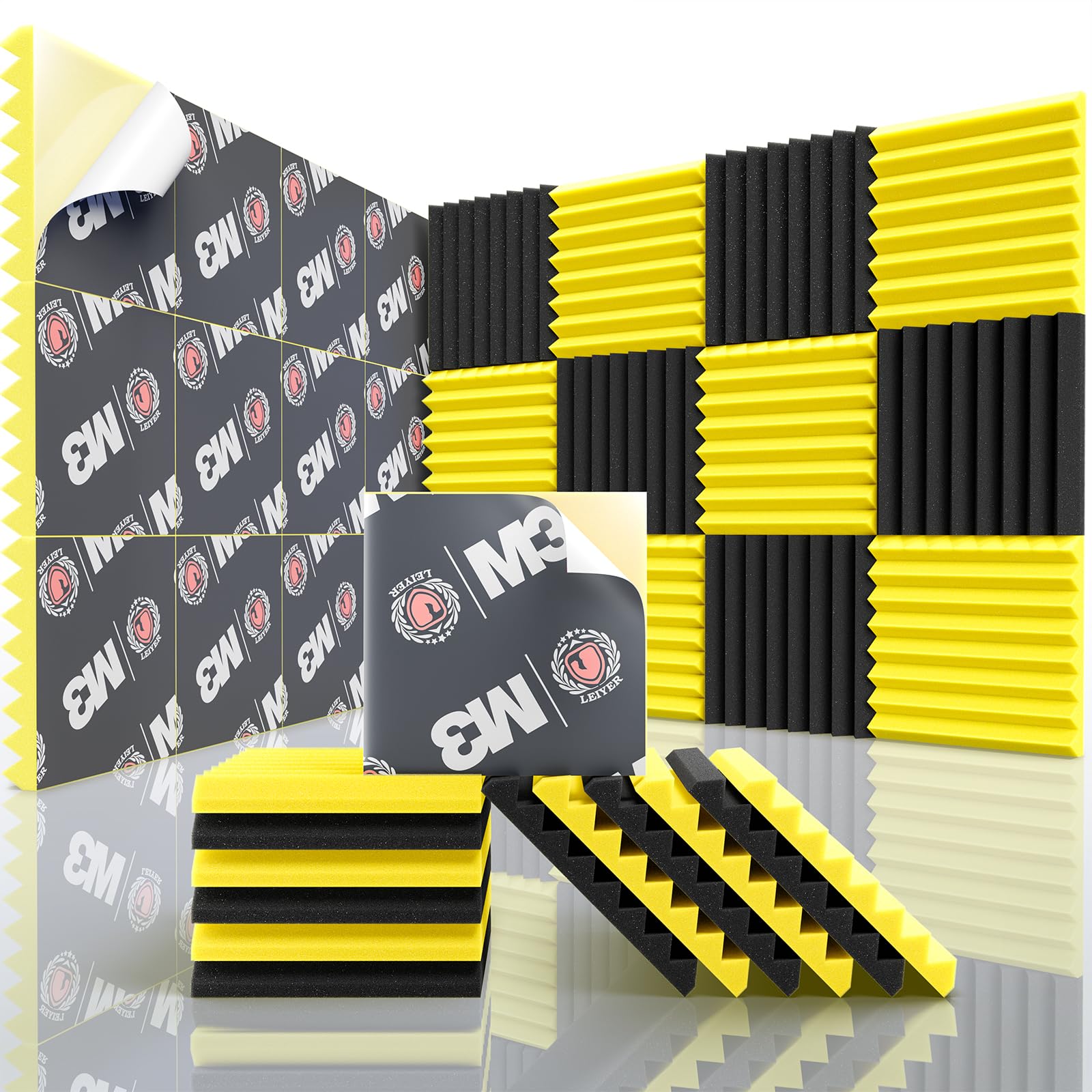 Acoustic Panels Upgrade Self-Adhesive 12pack,1" X 12" X 12" Sound Proof Foam Panels for Walls Quick-Recovery,Sound Panels 35kg/m³High Density,Soundproof Wall Panels for Wall Decor,Black&Yellow
