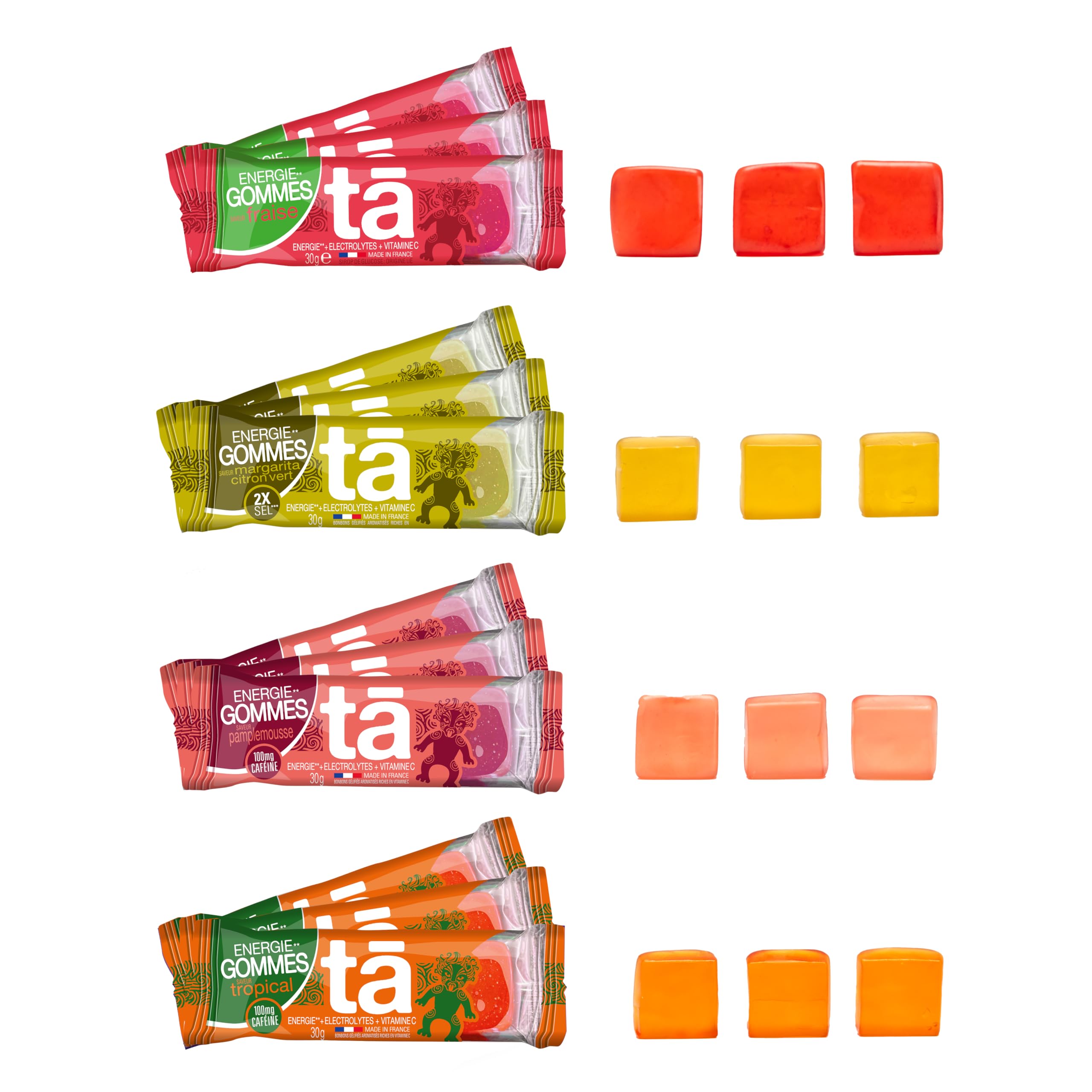 TA Energy - Gommes énergétiques - Pack x12 - Tropical, Pamplemousse, Margarita, Fraise - Apports en énergie pendant l''effort - Idéal pendant l'entrainement et les courses - MADE IN France