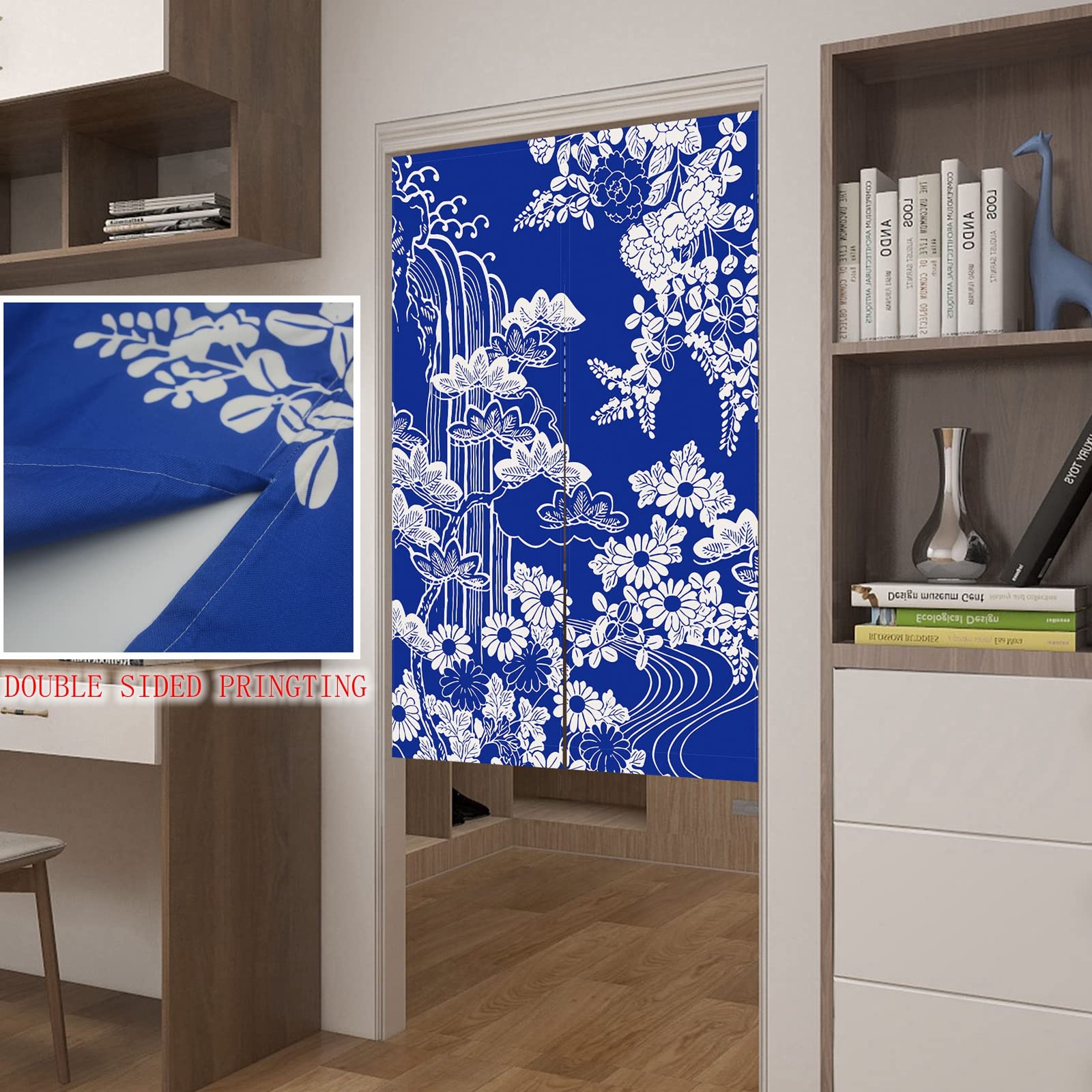 LIGICKY Rideaux de porte noren de style japonais épais et long pour décoration de la maison - 85 x 120 cm - Bleu (chrysanthème) (impression double face)